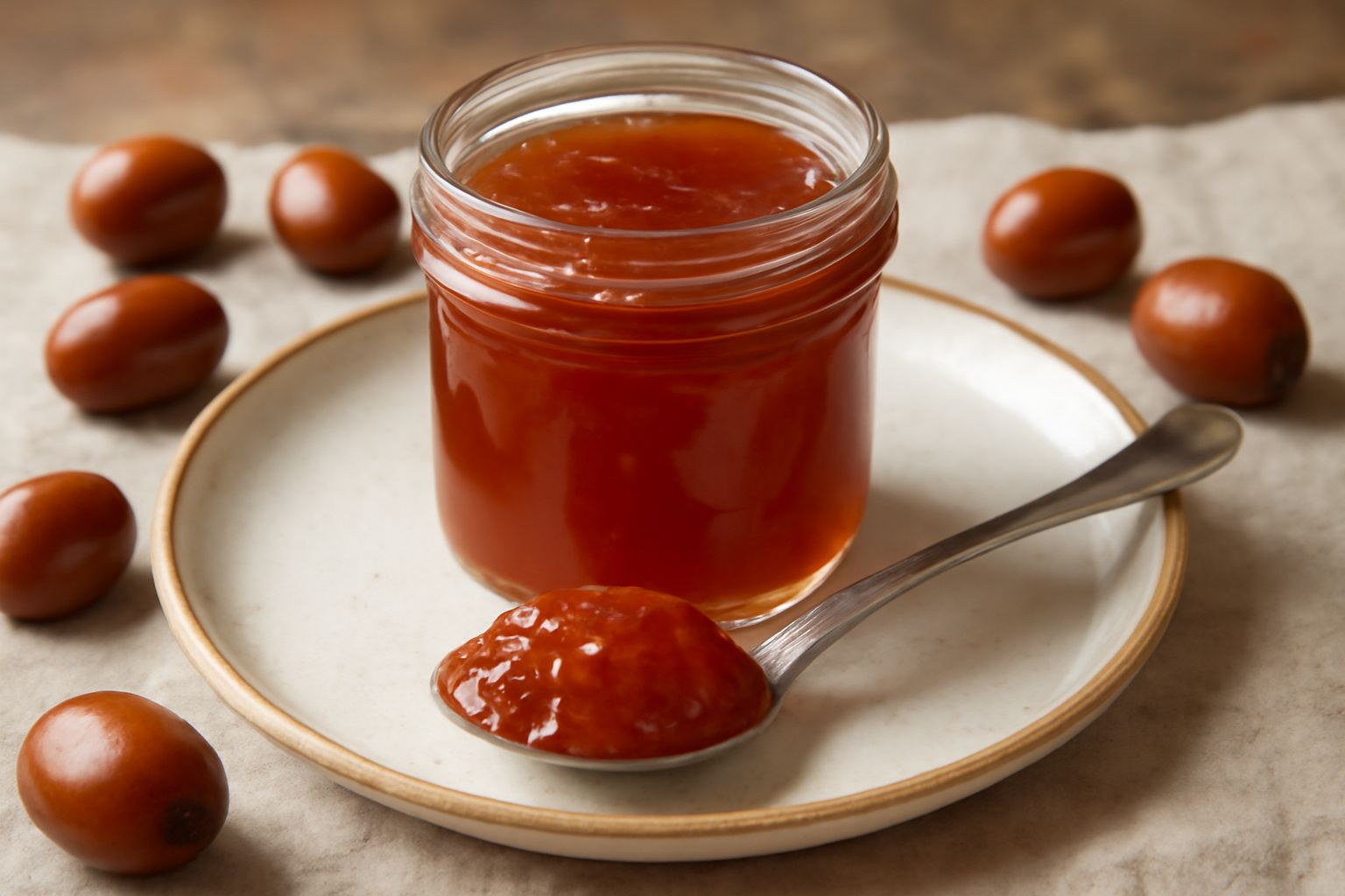 Barattolo di vetro con marmellata di giuggiole color ambra scuro, densa e brillante, con un cucchiaio di legno dentro, su un tavolo di legno chiaro accanto a pochi frutti di giuggiola freschi