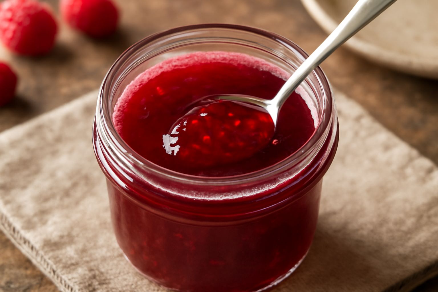 Marmellata di lampone in barattolo di vetro trasparente, colore rosso profondo brillante, superficie leggermente lucida, accanto a qualche lampone fresco e un cucchiaio di legno