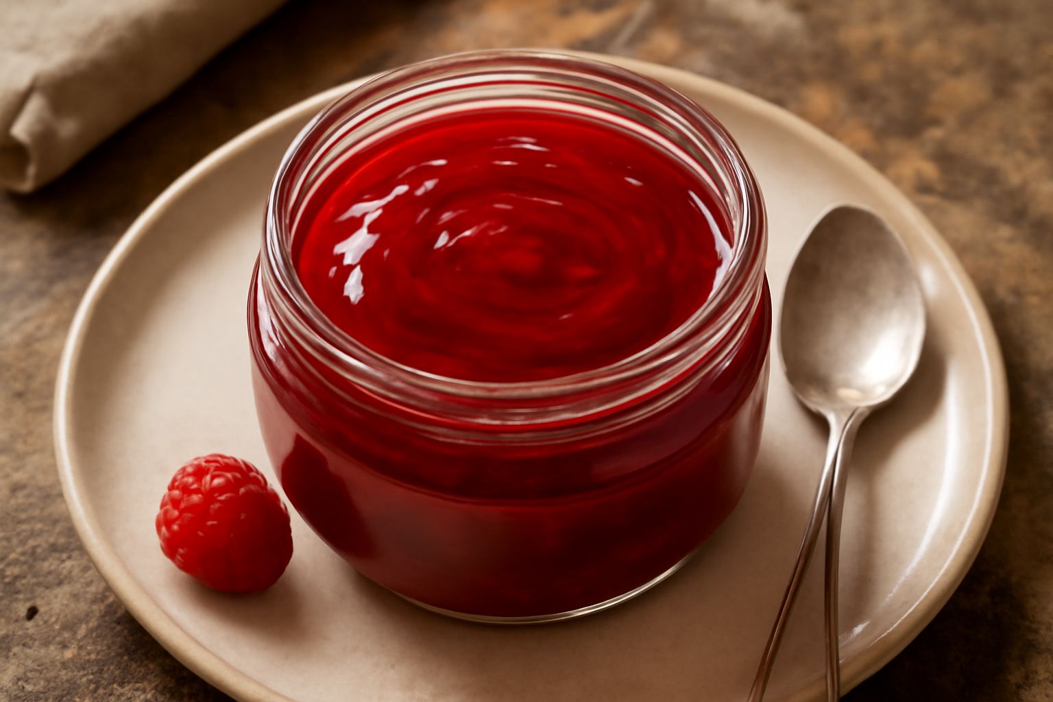 Marmellata di lamponi rosso vivo in vasetto di vetro trasparente, con superficie lucida e brillante, servita con un cucchiaio di legno, accompagnata da alcuni lamponi freschi rossi disposti attorno