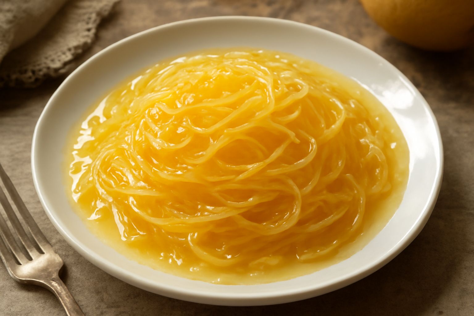 Barattolo di vetro con marmellata di limone giallo brillante, con trasparenza ambrata, su tavolo di legno accanto a limoni interi e spicchi di agrumi freschi