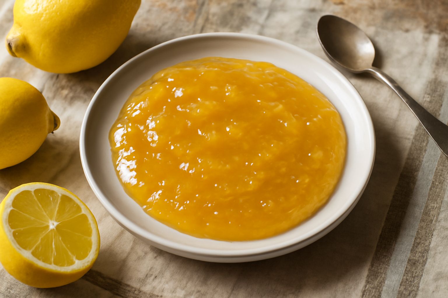 Marmellata di limoni color giallo ambrato in barattolo di vetro trasparente, vista dall'alto, con due limoni freschi gialli a lato su fondo bianco