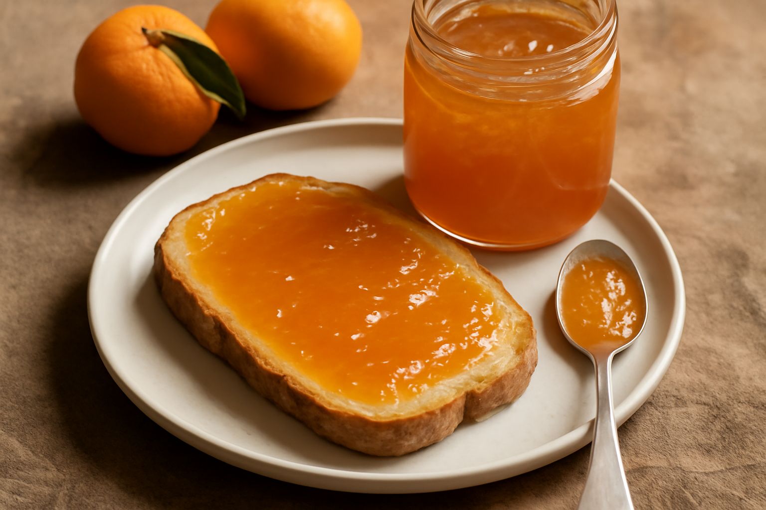 Vasetto di marmellata di mandarini color ambra con riflessi dorati, colmo fino all'orlo, accanto a mandarini freschi con foglie verdi e un cucchiaio di legno appoggiato sul tavolo bianco
