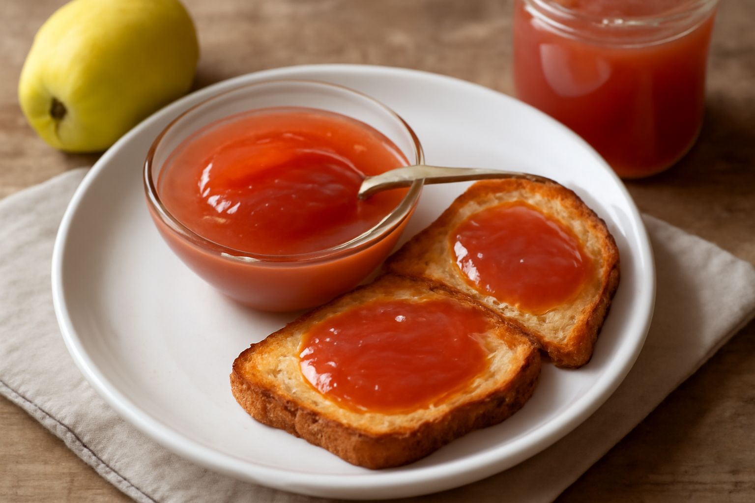 Marmellata di mela cotogna color ambra intenso in barattolo di vetro trasparente, con cucchiaio di legno che raccoglie la consistenza densa e lucida, su tavolo di legno rustico con mele rosse sullo sf