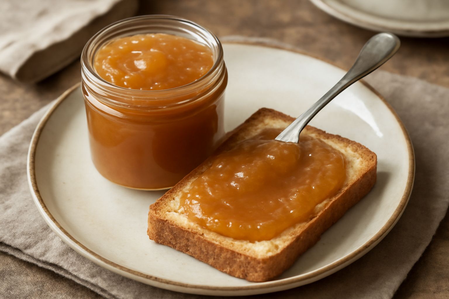 Marmellata di mele color ambrato in barattolo di vetro trasparente, con cucchiaio di legno pieno di marmellata densa che gocciola lentamente, sfondo bianco.