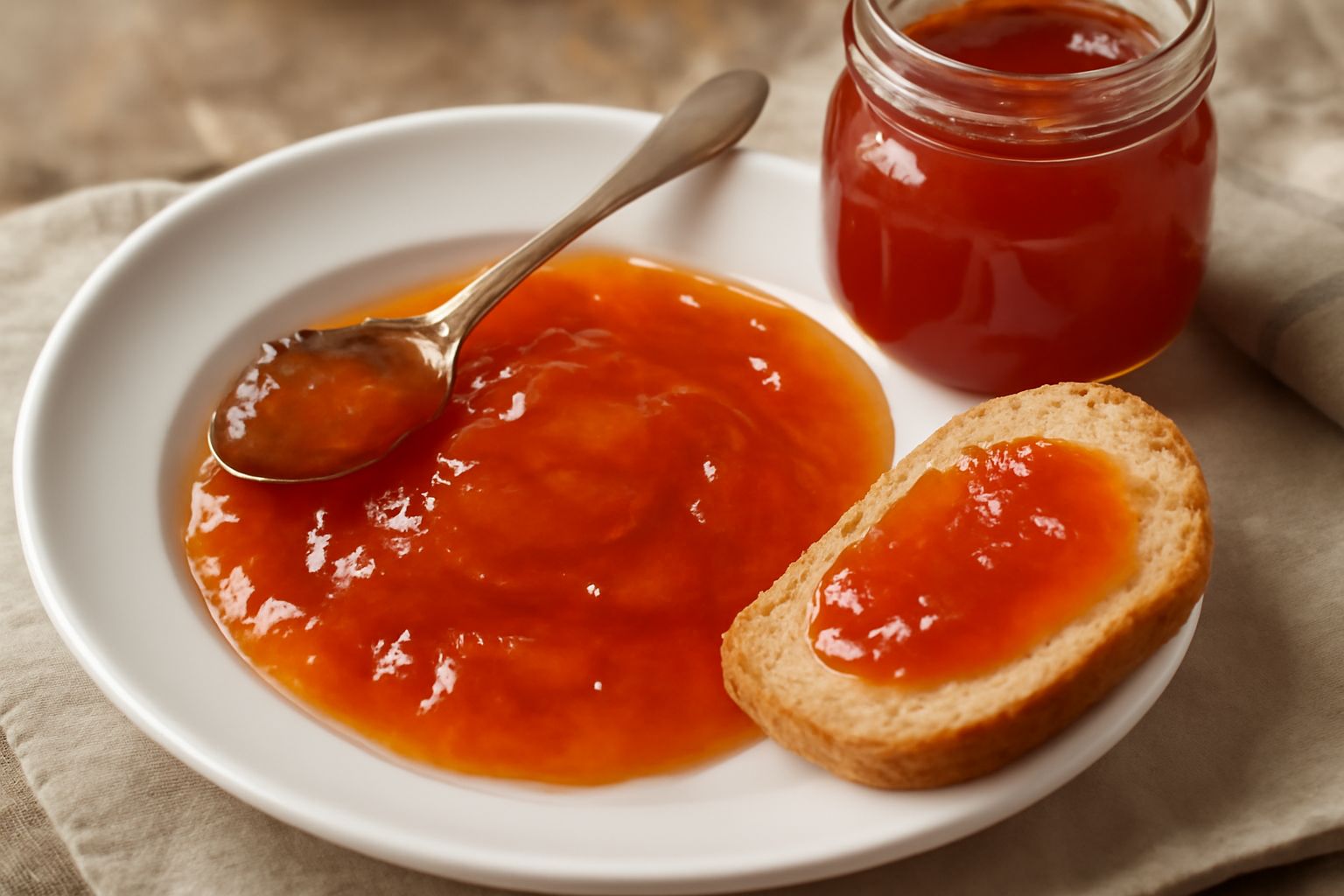 Marmellata di mele cotogne color ambra in un barattolo di vetro trasparente su uno sfondo di legno scuro, accanto a mezzo melone cotogna fresco e un cucchiaio di legno