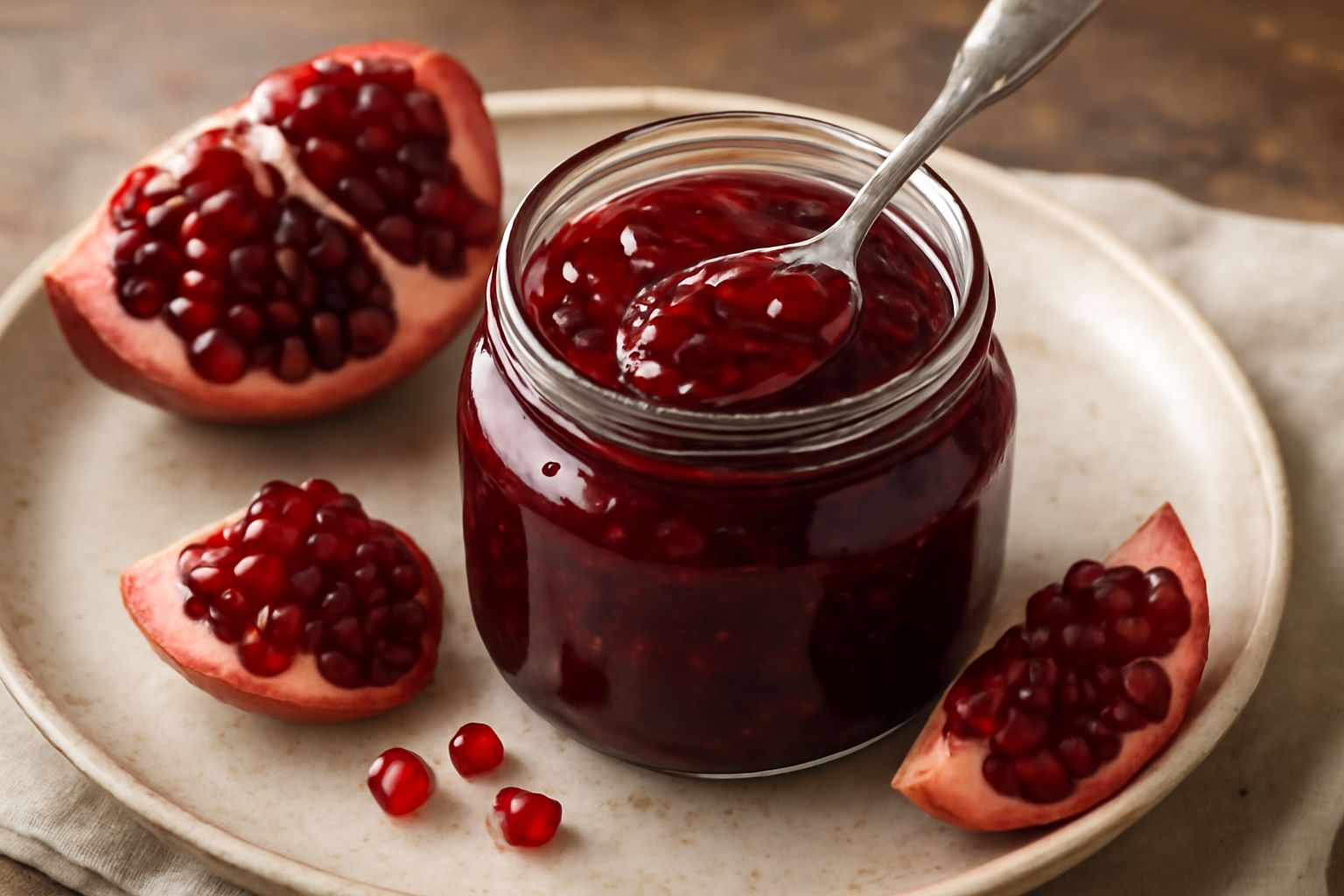 Vasetto di vetro con marmellata di melograna di colore rosso scuro, semi rossi brillanti visibili, cucchiaio di legno immerso, sfondo bianco, luce naturale