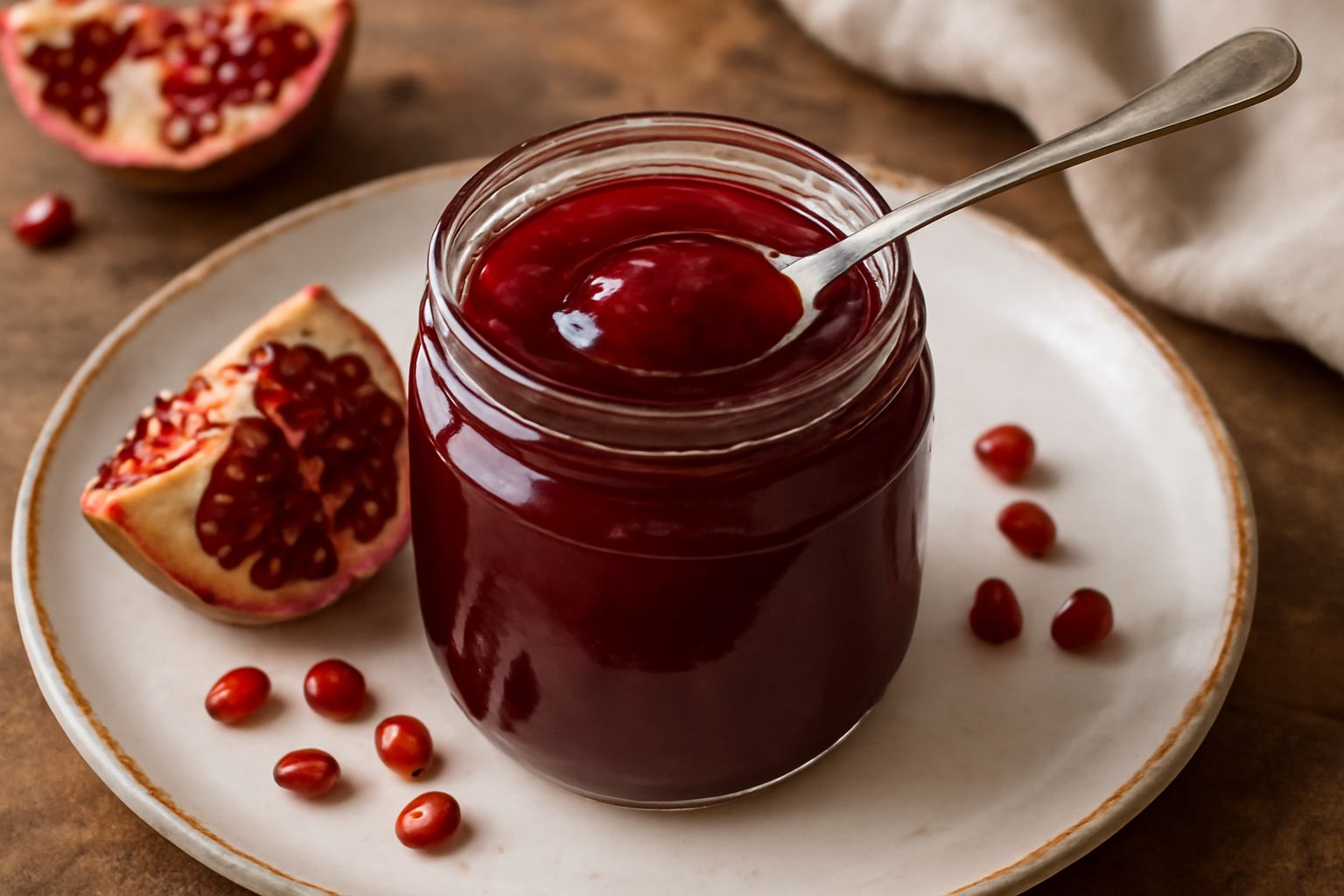Barattolo di vetro con marmellata di melograno rosso scuro, semi di melograno fresco a lato, pane tostato imburrato con un cucchiaio di marmellata, tavolo di legno bianco