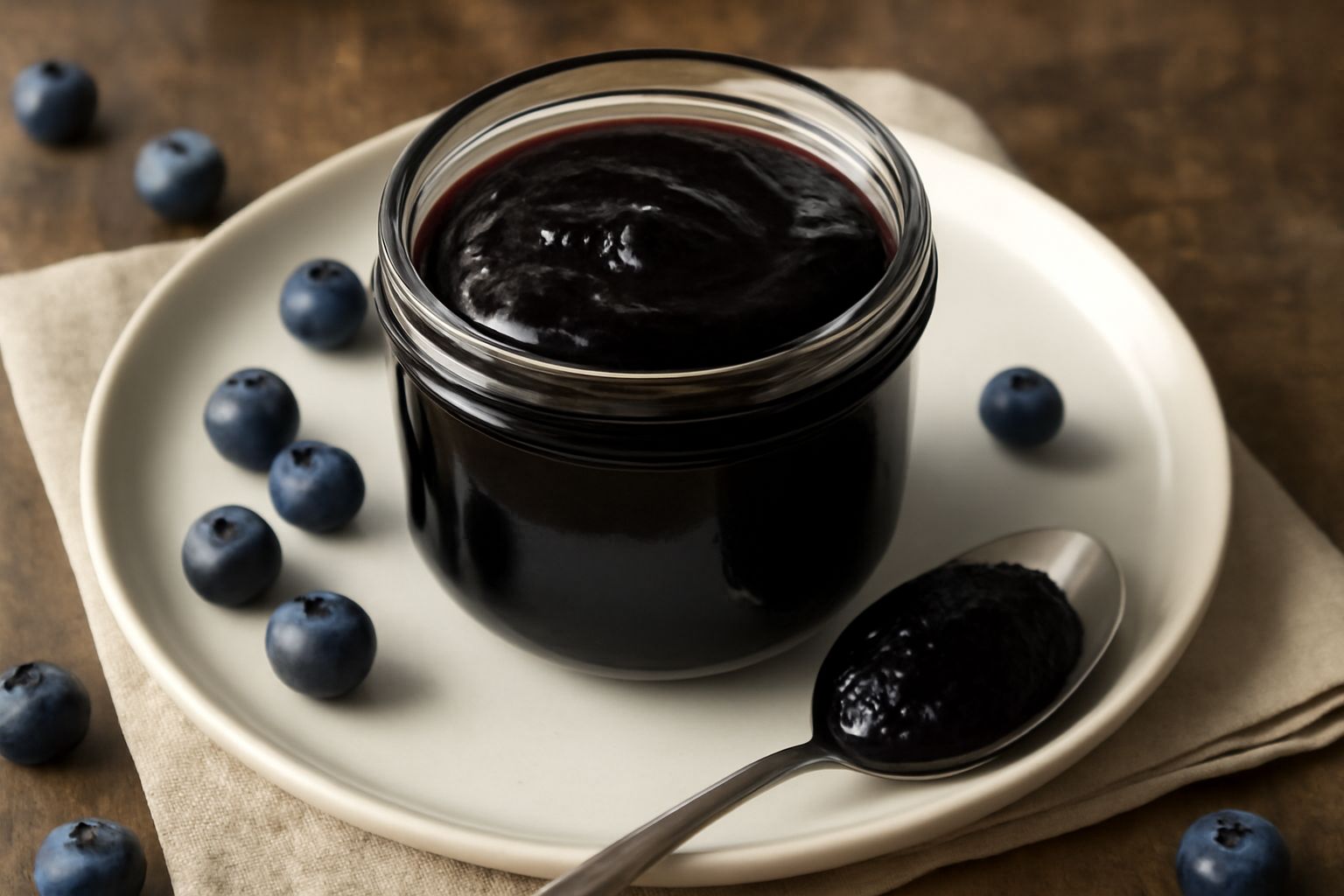Vasetto di vetro trasparente con marmellata di mirtilli scura e lucida, chiuso da tappo metallico, affiancato da alcuni mirtilli freschi blu scuro su un tavolo di legno naturale