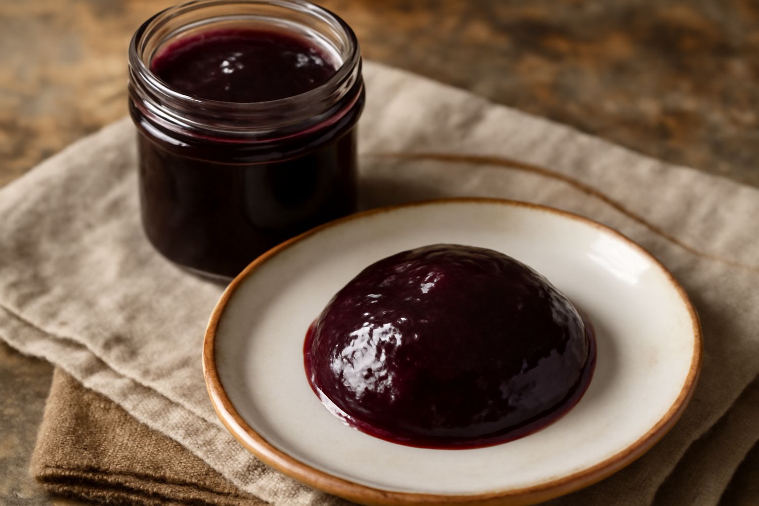 Vaso di vetro con marmellata di mora di colore viola scuro, densa e lucida, su un vassoio di legno accanto a una ciotola di more fresche e mezzo limone