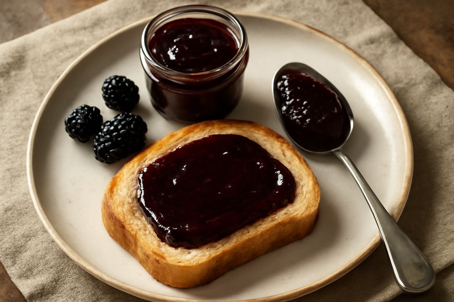 Un barattolo di vetro con coperchio trasparente contiene marmellata di more di colore rosso scuro brillante, con consistenza densa e brillantezza di gelatina. Accanto, uno o due cucchiai di marmellata