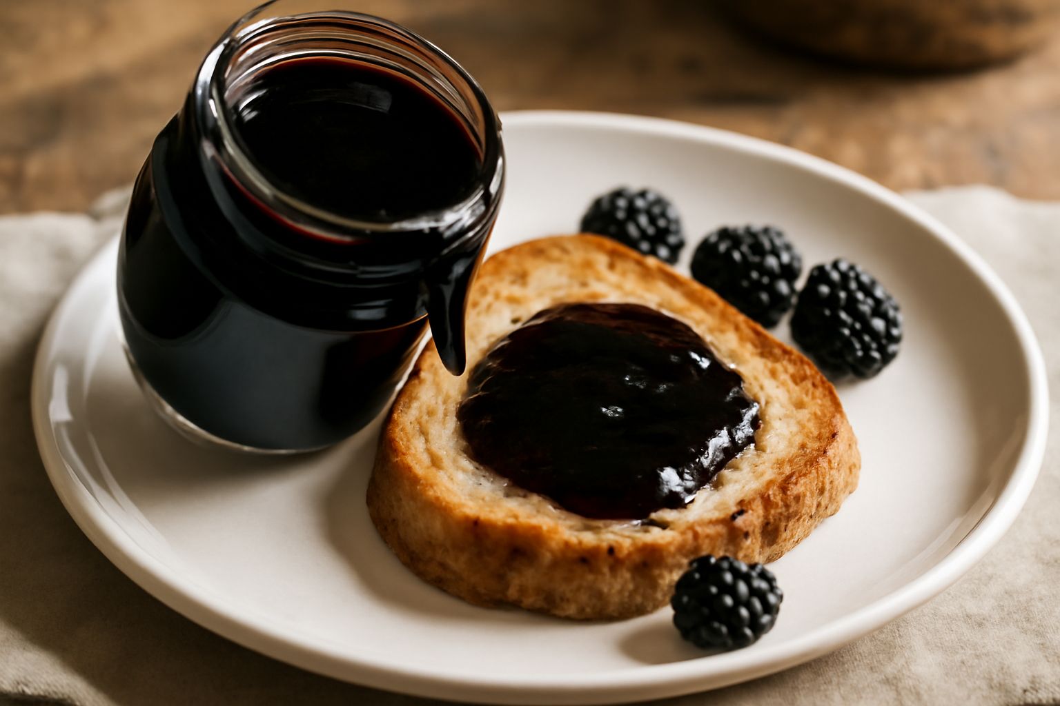 Vasetto di vetro riempito di marmellata di more di rovo nera lucida, con coperchio rosso, accanto a more fresche blu scuro su un piatto bianco e un cucchiaio di legno