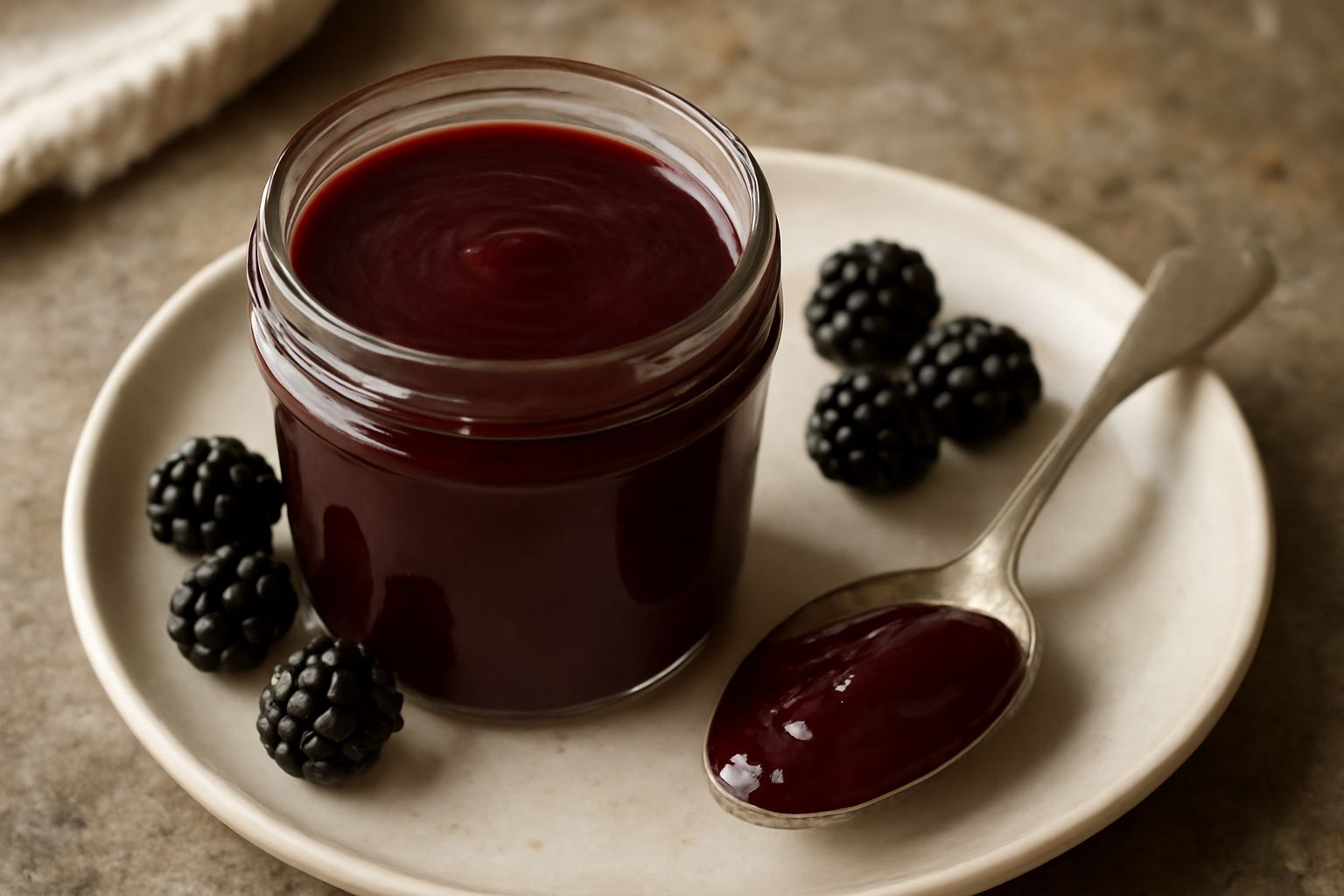 Marmellata di more selvatiche color rosso scuro in barattolo di vetro, con cucchiaio di legno immerso, sfondo bianco e alcune more fresche intorno