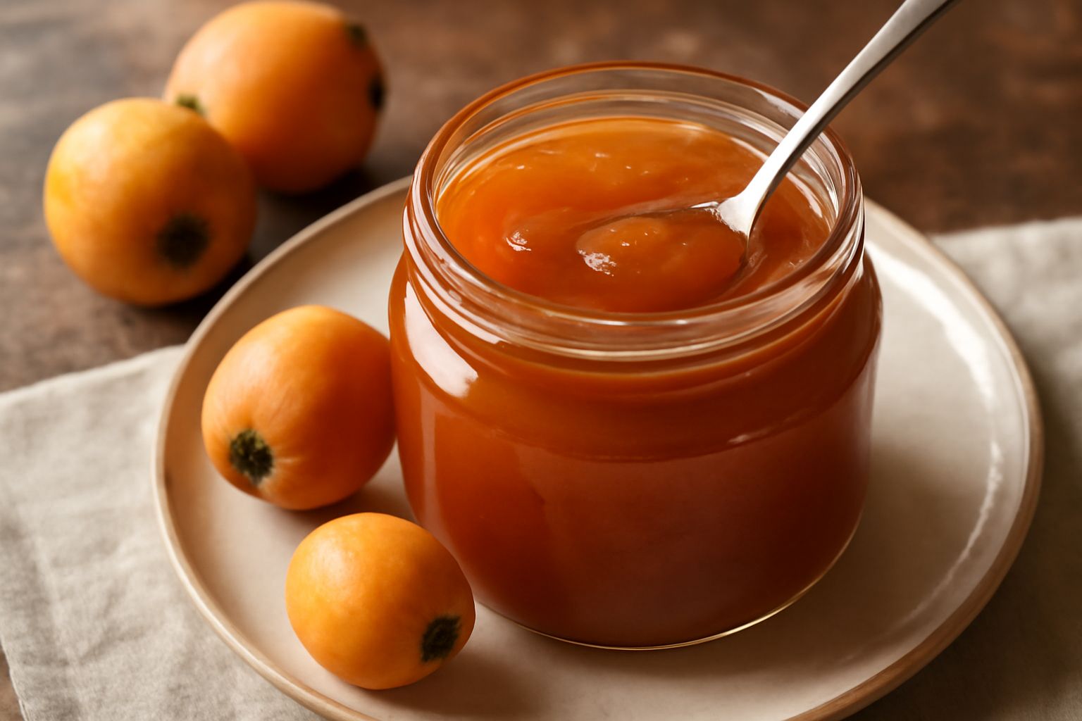 Barattolo di vetro con marmellata di nespole di colore ambrato dorato, con cucchiaio di legno che raccoglie la conserva densa e lucida, sfondo bianco