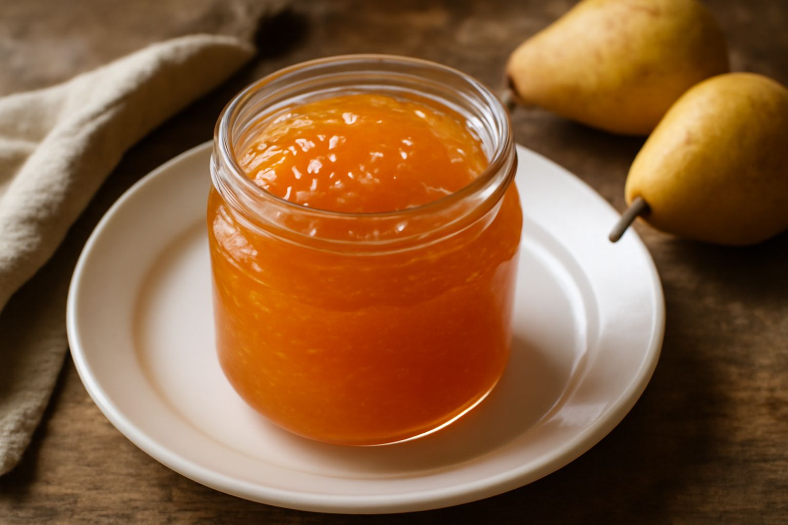 Marmellata di pere color ambra dorato in un barattolo di vetro trasparente, con buccia di limone sfumata sulla superficie lucida, su sfondo bianco con una pere fresca a fianco