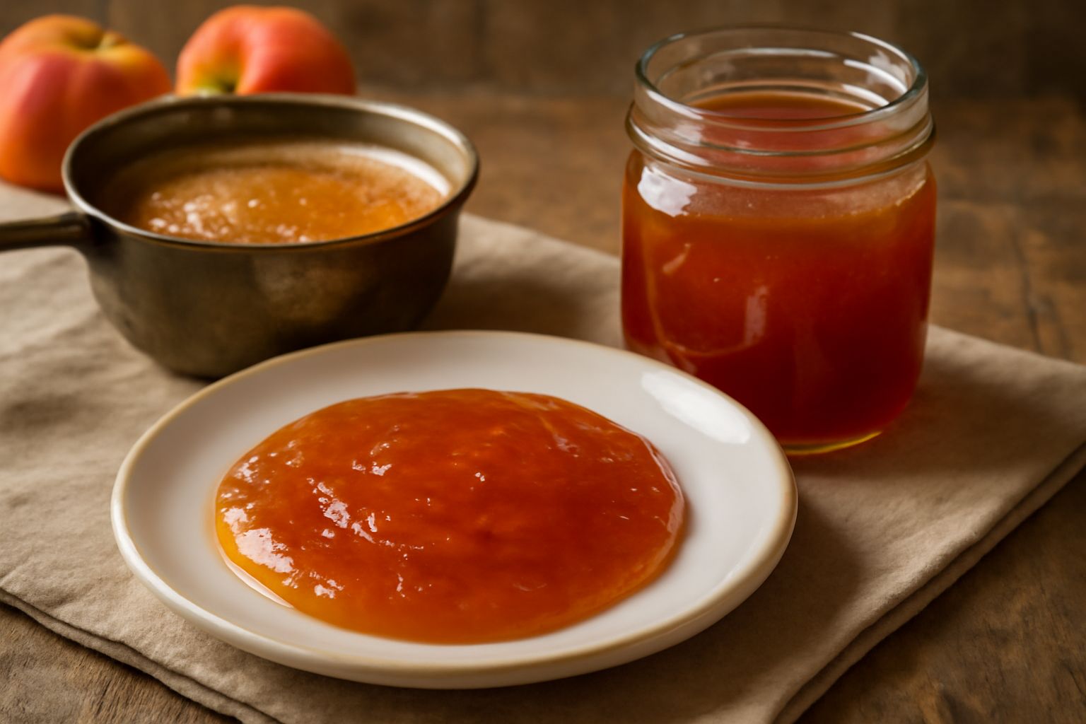 Marmellata di pesche in un barattolo di vetro trasparente dal colore ambrato intenso, con riflessi dorati, circondata da pesche fresche gialle e arancioni su un piano di legno naturale