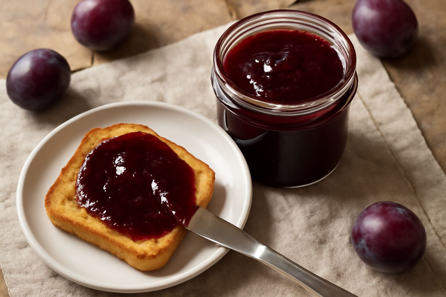 Marmellata di prugne in vasetto di vetro con coperchio, colore rosso scuro intenso, superficie lucida e uniforme, circondata da tre prugne fresche blu scuro e un cucchiaio di legno con residui di marm