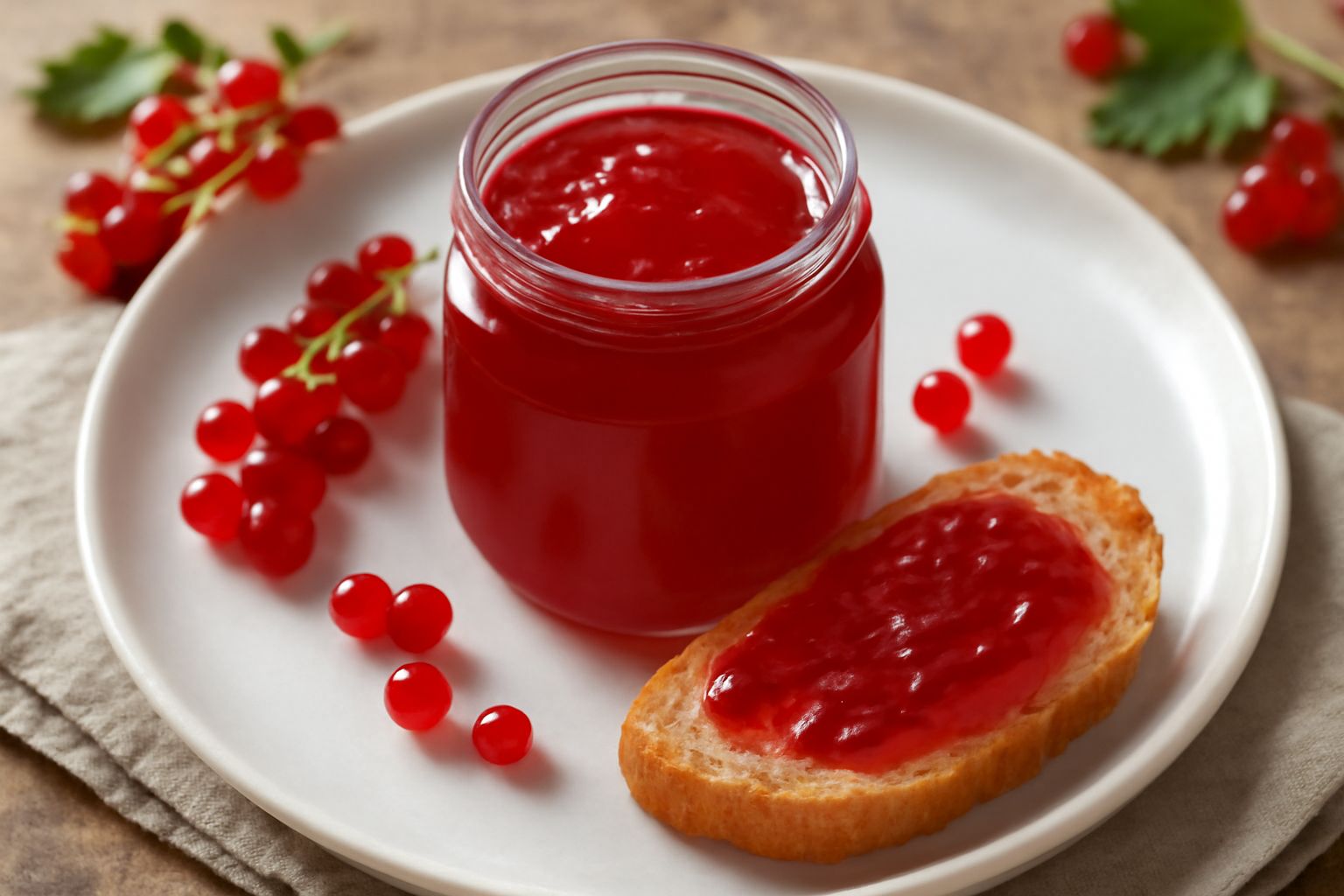 Vasetto di marmellata di ribes rosso acceso, traslucido, con cucchiaio di legno immerso, su fondo di marmo con rametti di ribes fresche accanto