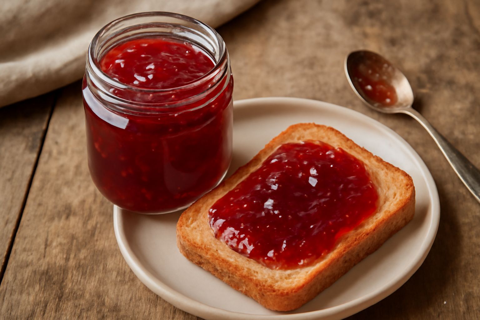 Marmellata di rosa canina color rosso rubino in un barattolo di vetro, densa e lucida, su un piatto bianco con due fette di pane tostato e un cucchiaio di legno accanto