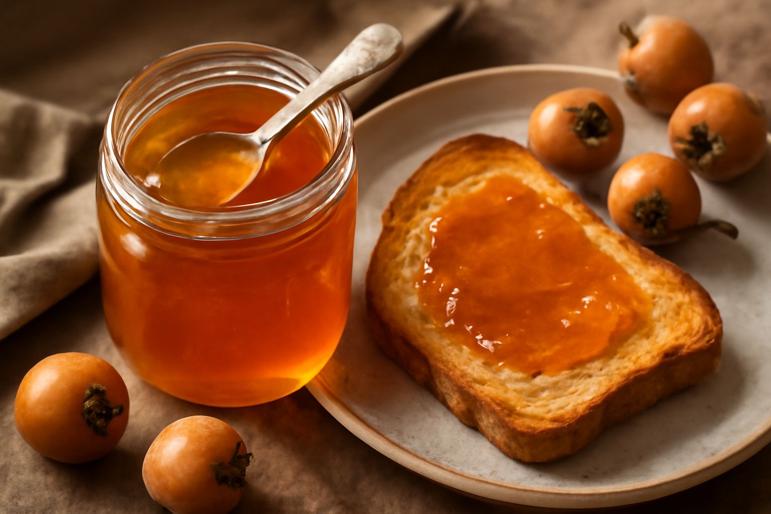 Barattolo di vetro con marmellata di sorbe dorata e traslucida, accanto a sorbe fresche rosso-brunastre e un cucchiaio di legno su piano di marmo bianco