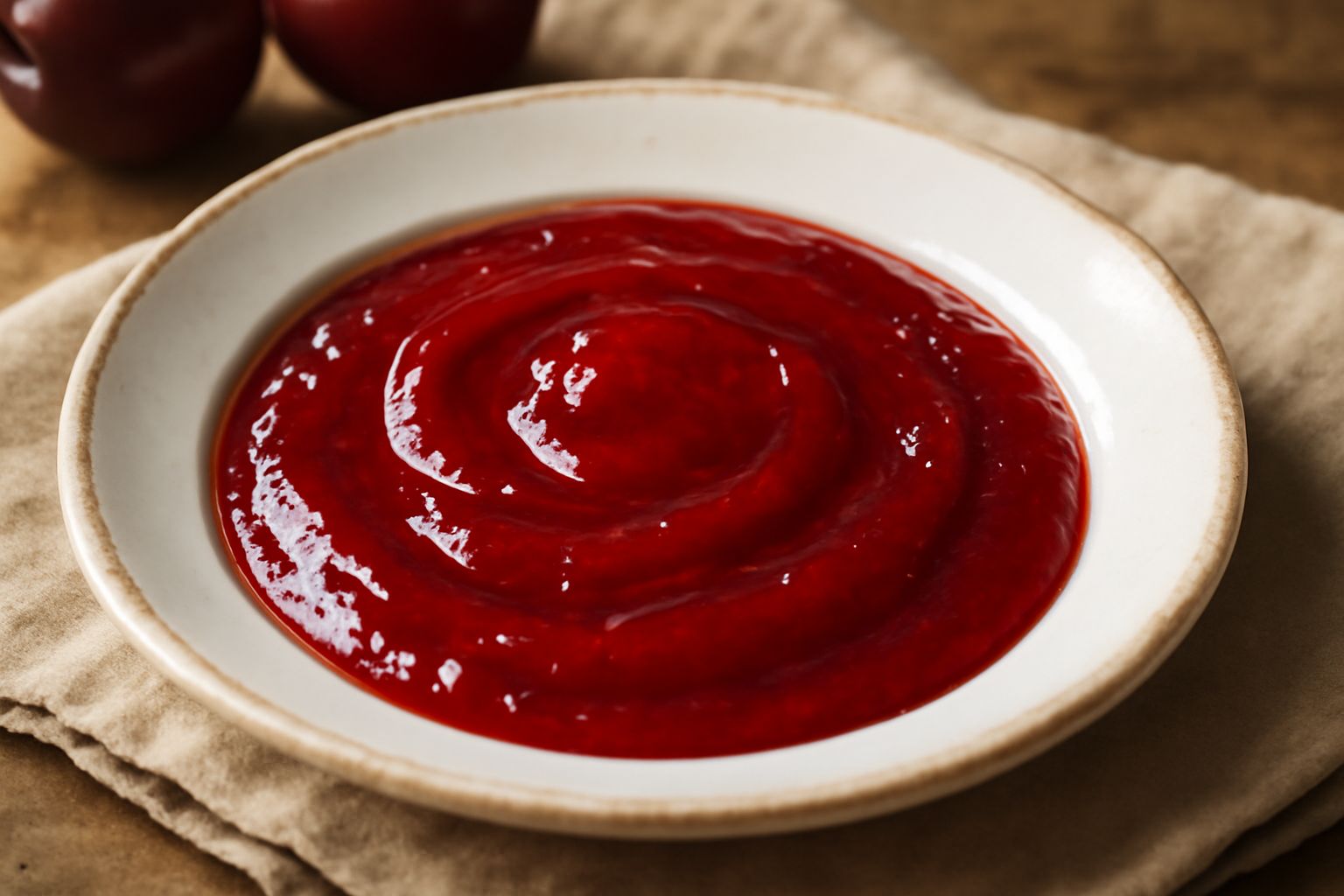 Barattoli di vetro trasparente pieni di marmellata di susine color rosso rubino, con cucchiaio in legno, susine fresche rosse intere accanto e foglie di menta sul tavolo bianco