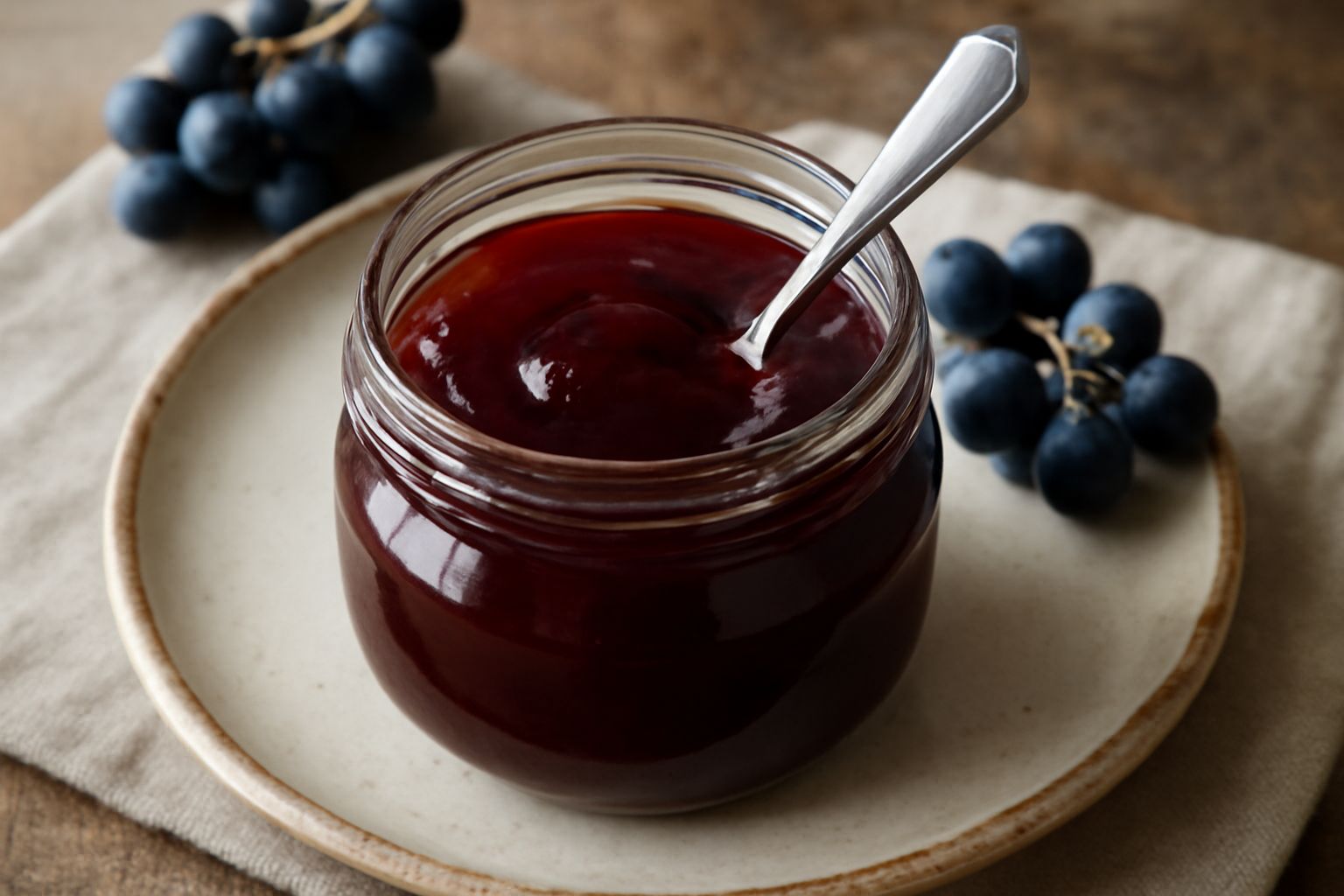 Barattolo di vetro con marmellata di uva scura, lucida e trasparente, circondata da chicchi d'uva nera fresca su una tavola di legno chiaro