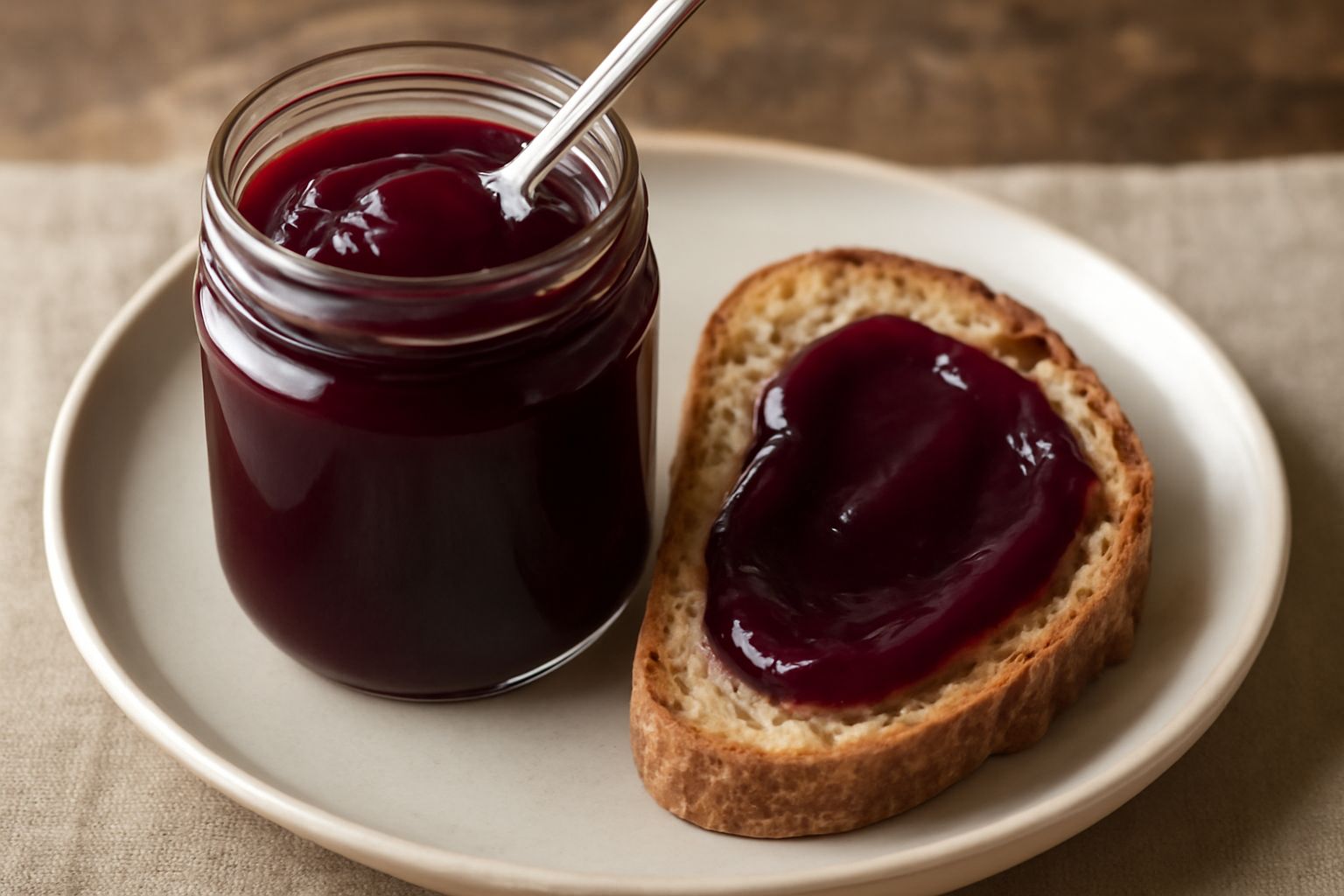Marmellata di uva fragola in vasetto di vetro, color rosso scuro carico, con superficie lucida leggermente brillante e una cucchiaiatina di legno appoggiata sul bordo