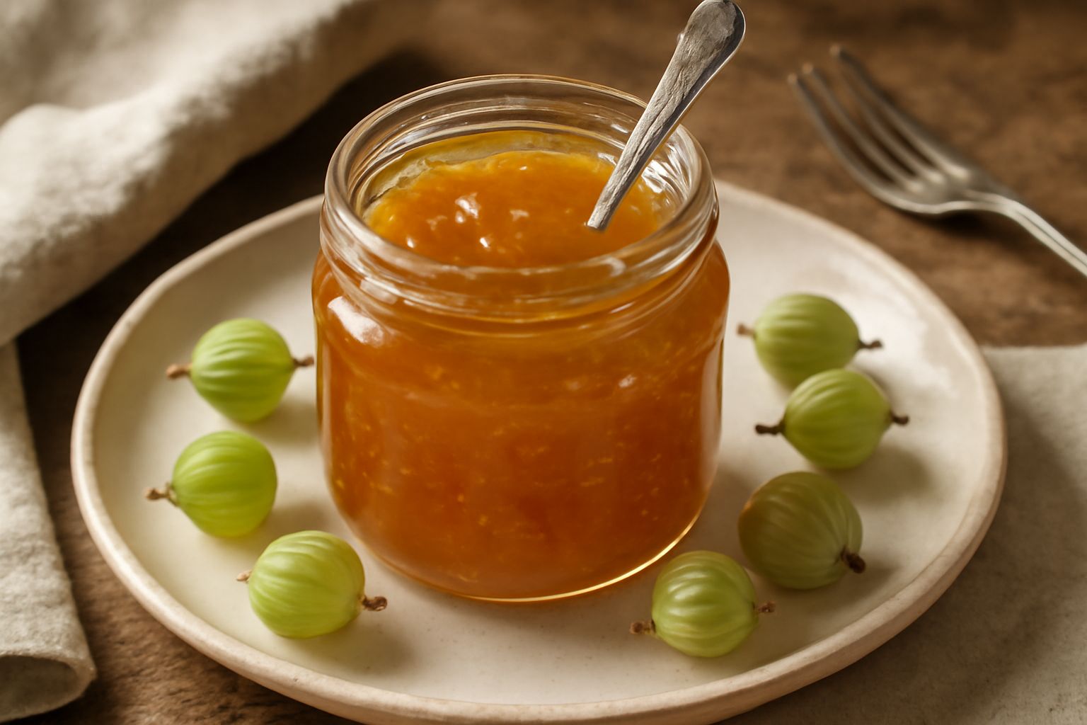 Vasetto di vetro con marmellata di uva spina color ambra trasparente, con riflessi di luce, coperto da carta pergamena bianca legata con spago naturale, circondato da alcuni frutti verdi di uva spina 