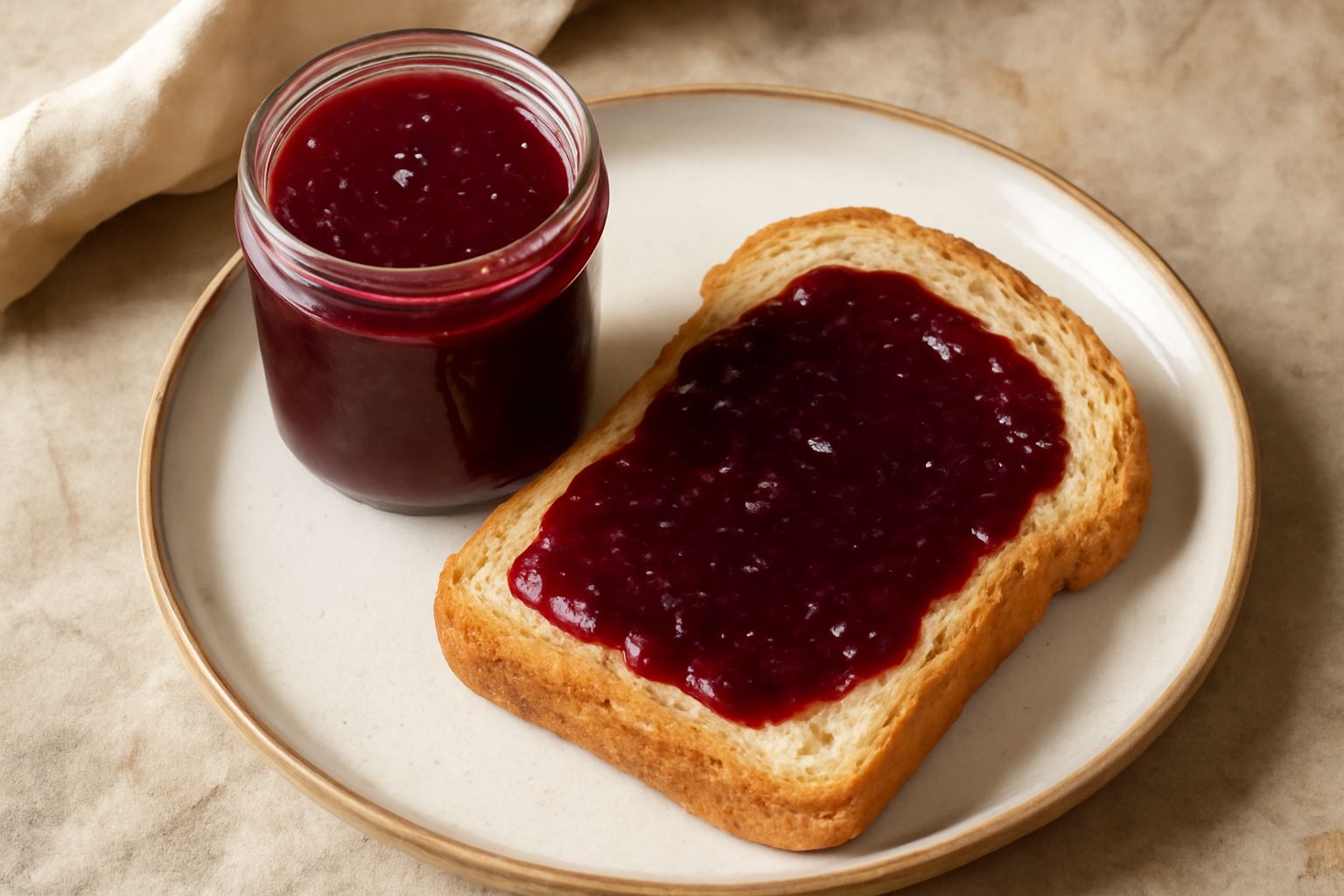 Marmellata di visciole in un barattolo di vetro con coperchio, colore rosso rubino scuro, superficie lucida e brillante, con due visciole fresche poste accanto al barattolo su una superficie bianca