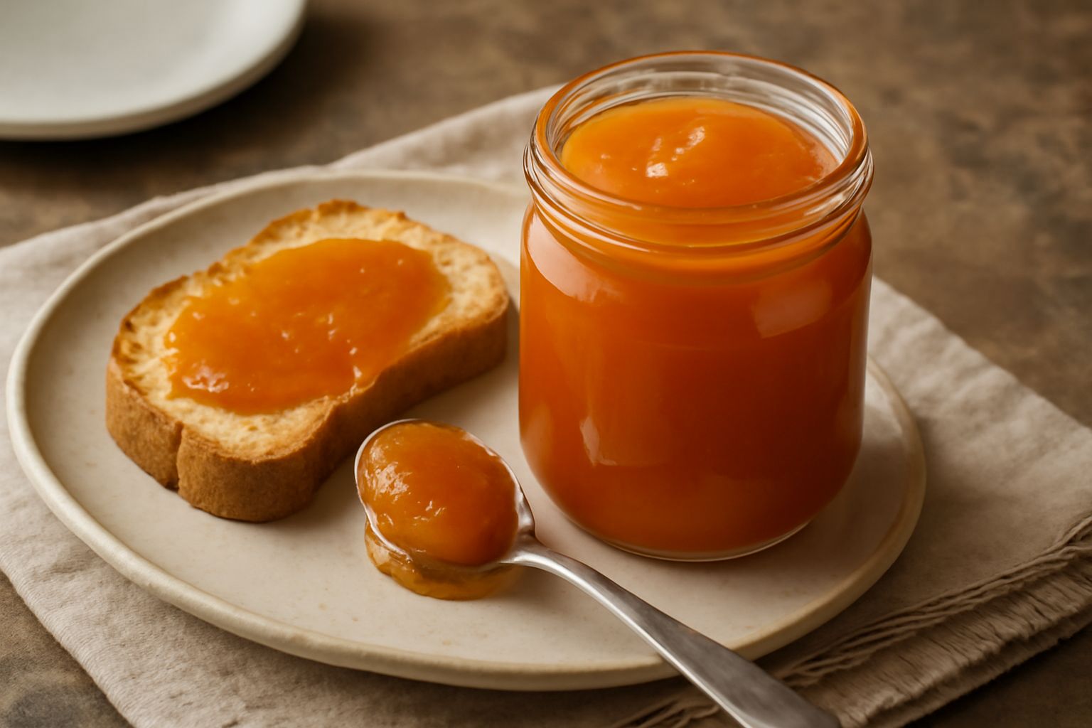 Marmellata di zucca color arancio ambrato dentro un barattolo di vetro trasparente, con un cucchiaio argentato immerso nella superficie liscia e lucida, sfondo di zucche fresche tagliate a metà