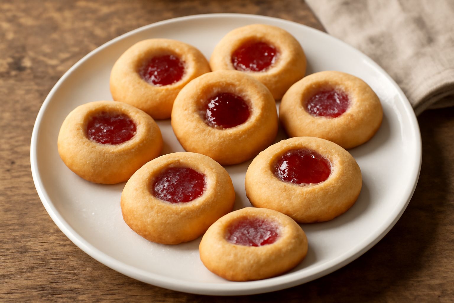 Marmellatine dorate e rotonde appena sfornate, con la marmellata rossa che affiora dal centro, disposte su un piatto bianco e una tazza di caffè sfuocata sullo sfondo
