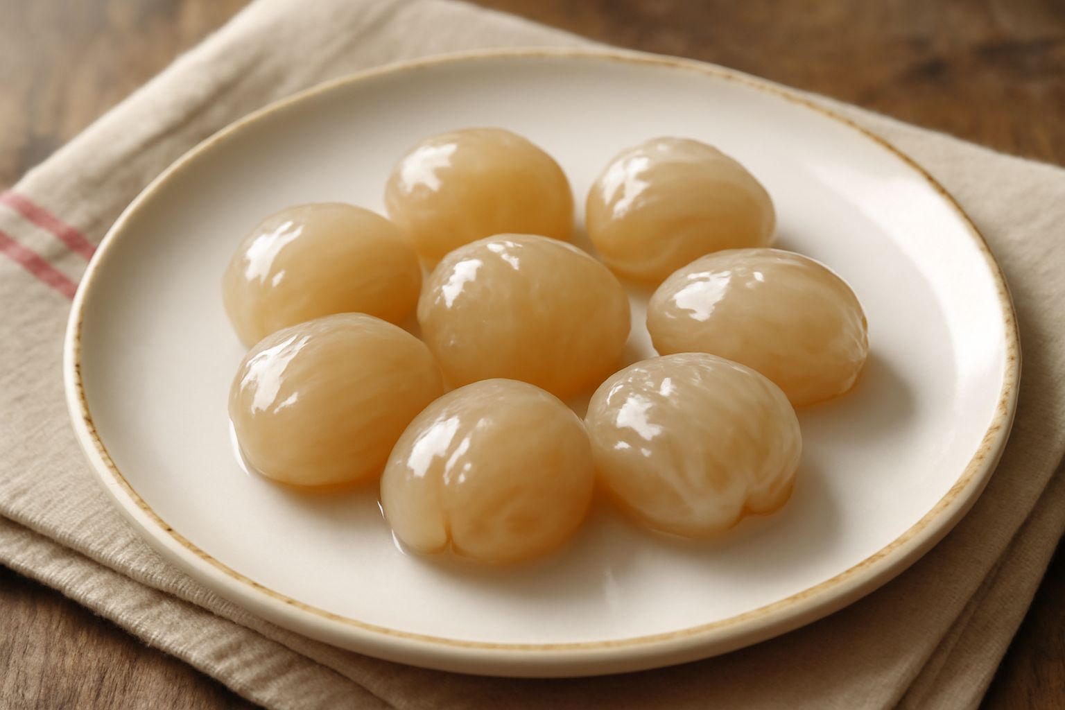 Marron glacé disposti su un piatto bianco, ricoperti di glassa trasparente e lucida, con riflessi luminosi sulla superficie. Accanto castagne non ancora glassate e cristalli di zucchero semolato spars