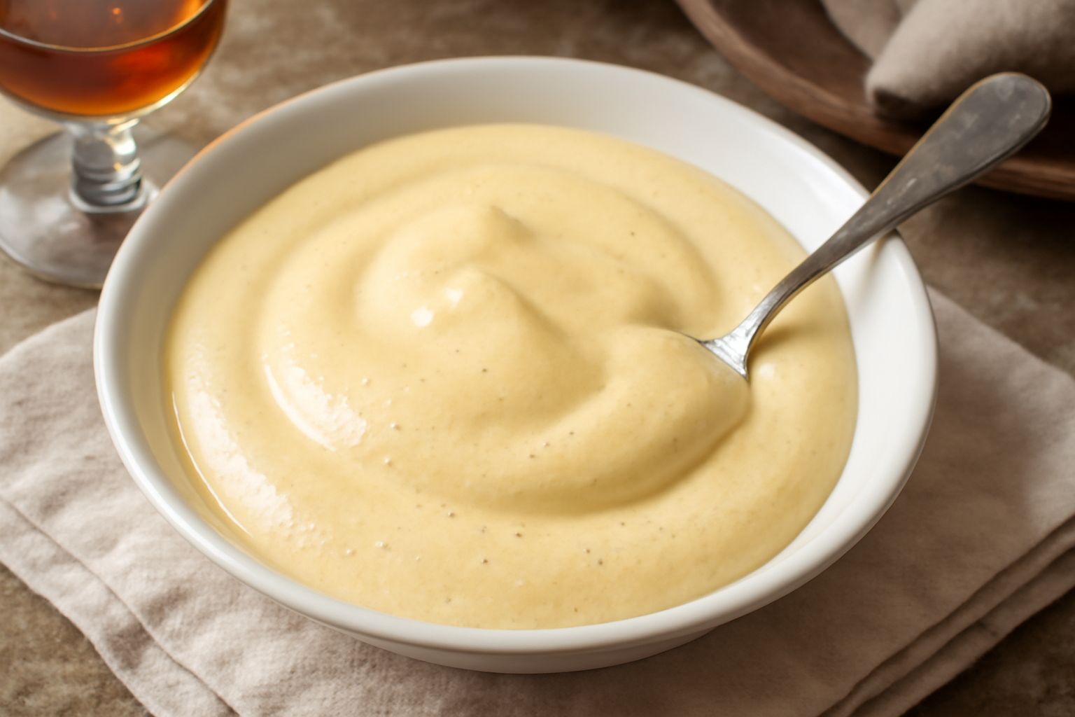 Bicchiere di zabaglione al Marsala color avorio con superficie liscia e lucida, guarnito con un biscotto savoiardo e fragole fresche rosse, su fondo bianco