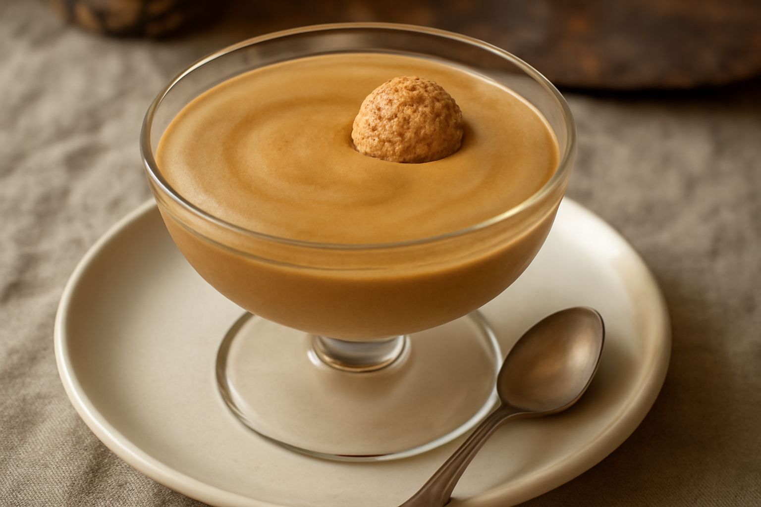 Zabaione cremoso color nocciola in coppa di cristallo, guarnito con biscotto amaretto sbriciolato, due uova fresche e bottiglia di Marsala ambrato sullo sfondo