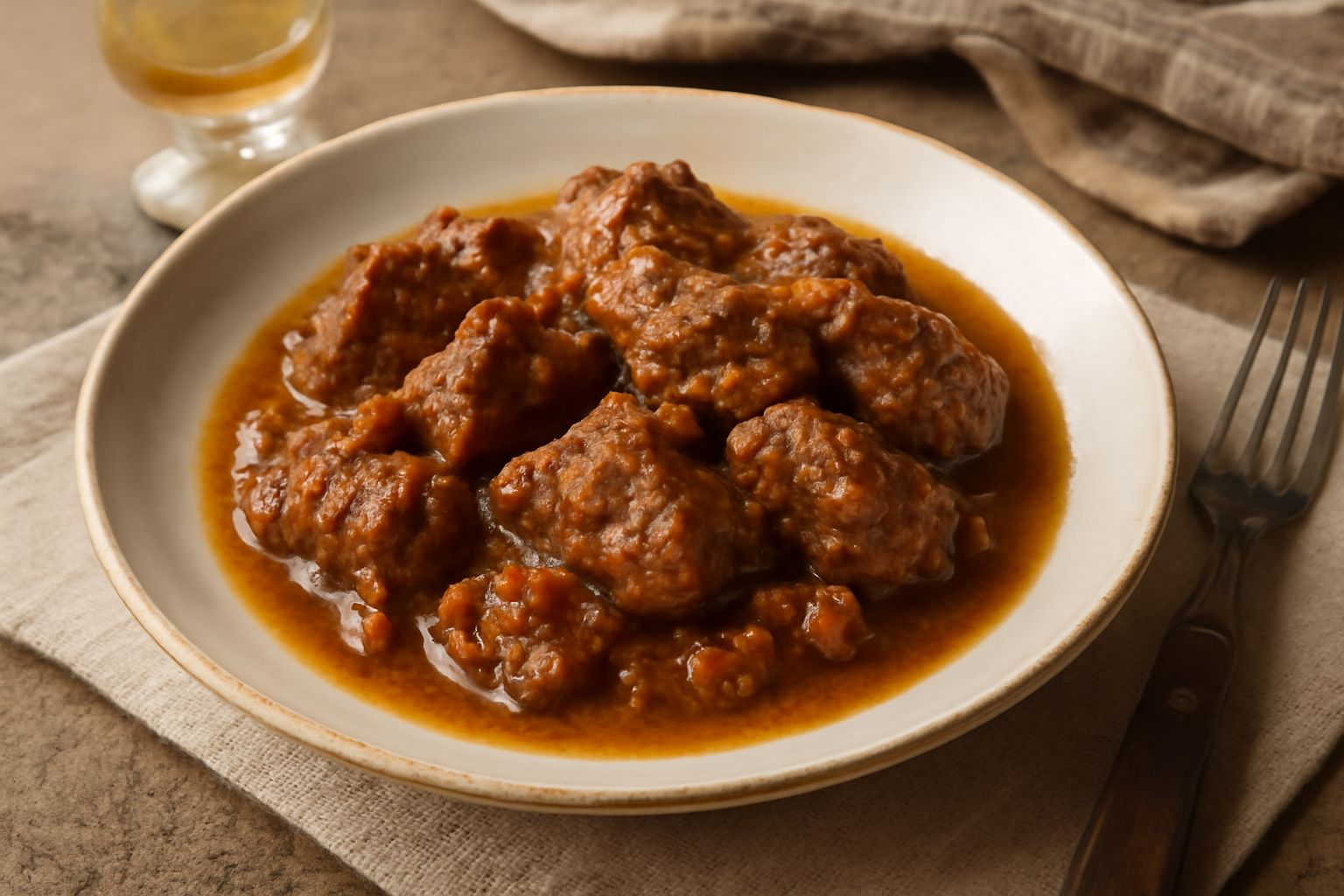 Piatto con pezzi di carne scura e tenera in salsa brunastro-dorata, contornata da verdure cotte morbide, presentato in ceramica bianca con pozza di sugo ricco intorno