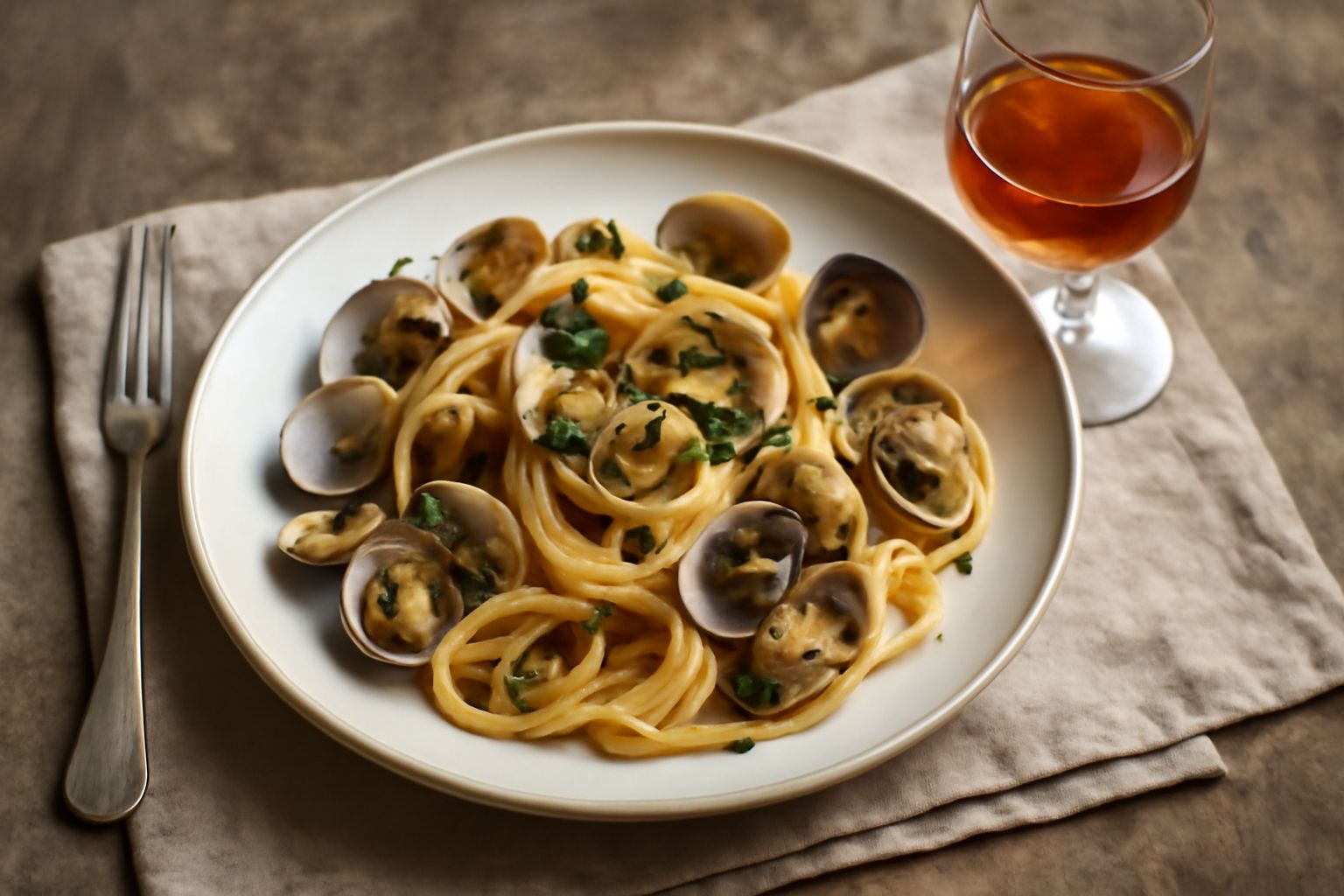 Bicchiere di cristallo con Marsala ligure color ambrato dorato, servito a temperatura ambiente su tavolo di legno, con luce naturale che evidenzia la trasparenza del vino
