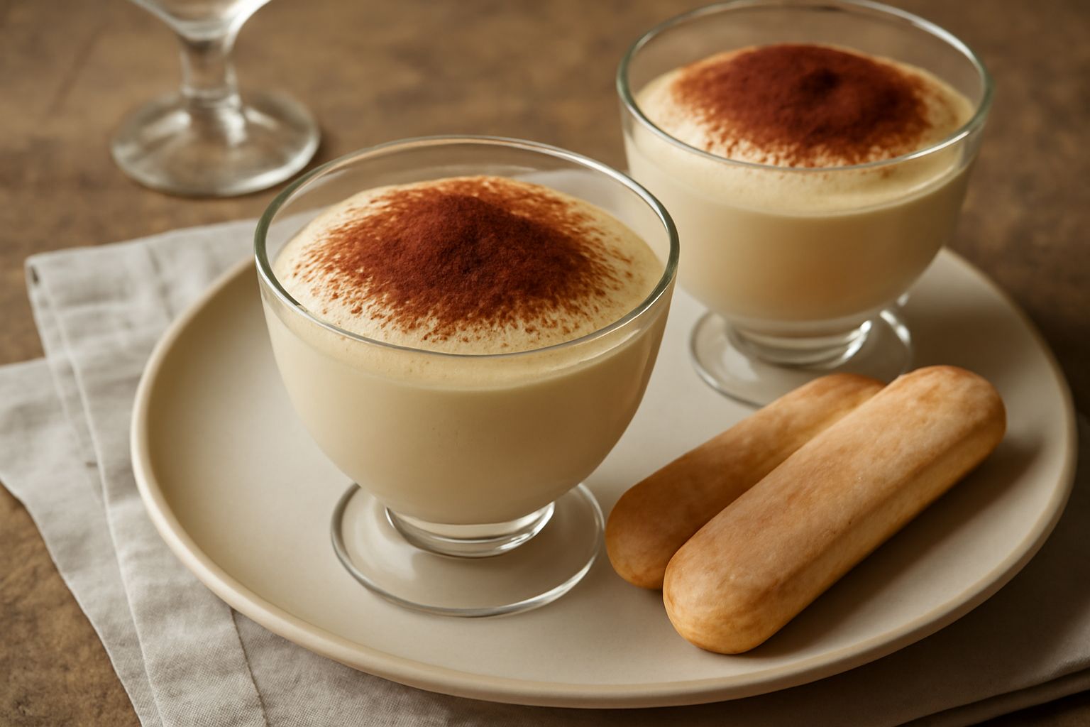 Bicchiere di vetro trasparente con mousse color crema chiara, cremosa, guarnita da cacao in polvere e savoiardi interi accanto, tavolo bianco, luce naturale