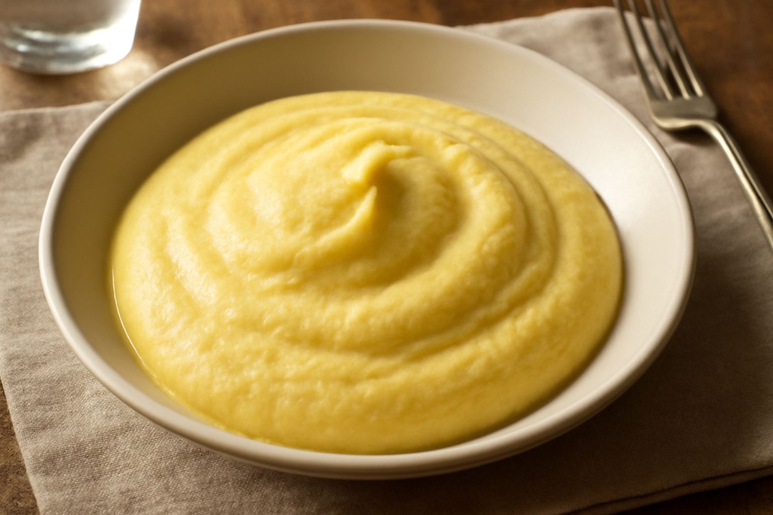 Ciotola di porcellana bianca contenente crema marsalina color giallo pallido, densa e spumosa, con superficie morbida e uniforme, servita con cucchiaio da dessert