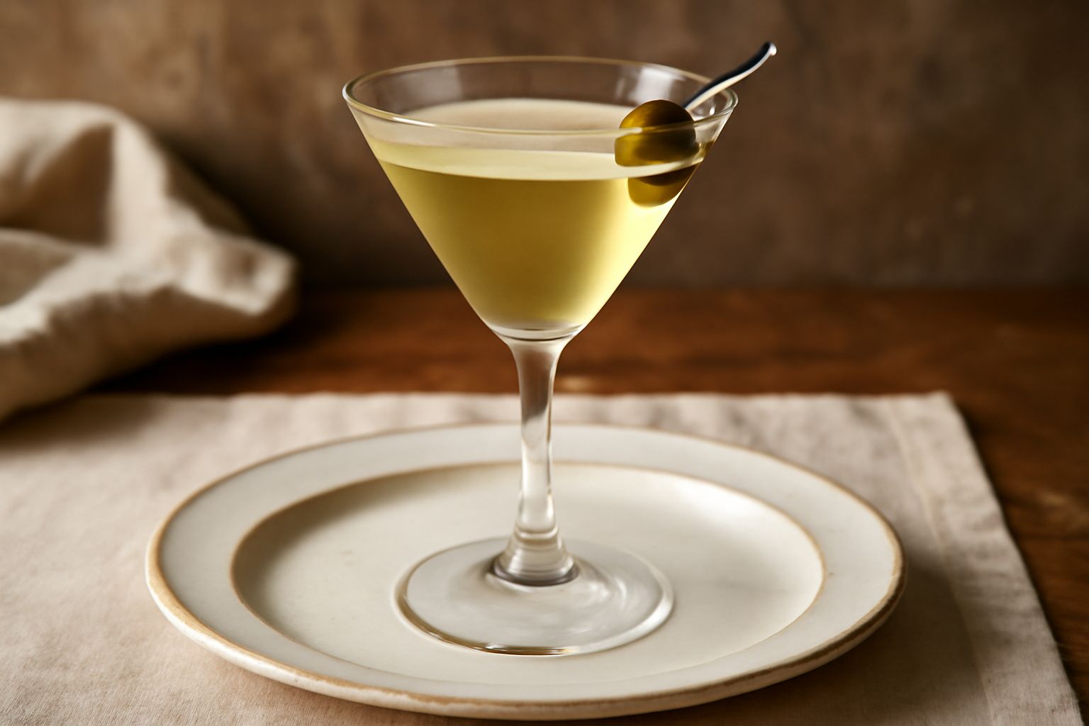 Un calice a martini trasparente con cocktail chiaro lievemente paglierino, oliva verde su stuzzicadenti poggiata sul bordo, sfondo neutro, luce nitida che evidenzia la trasparenza e il freddo della be