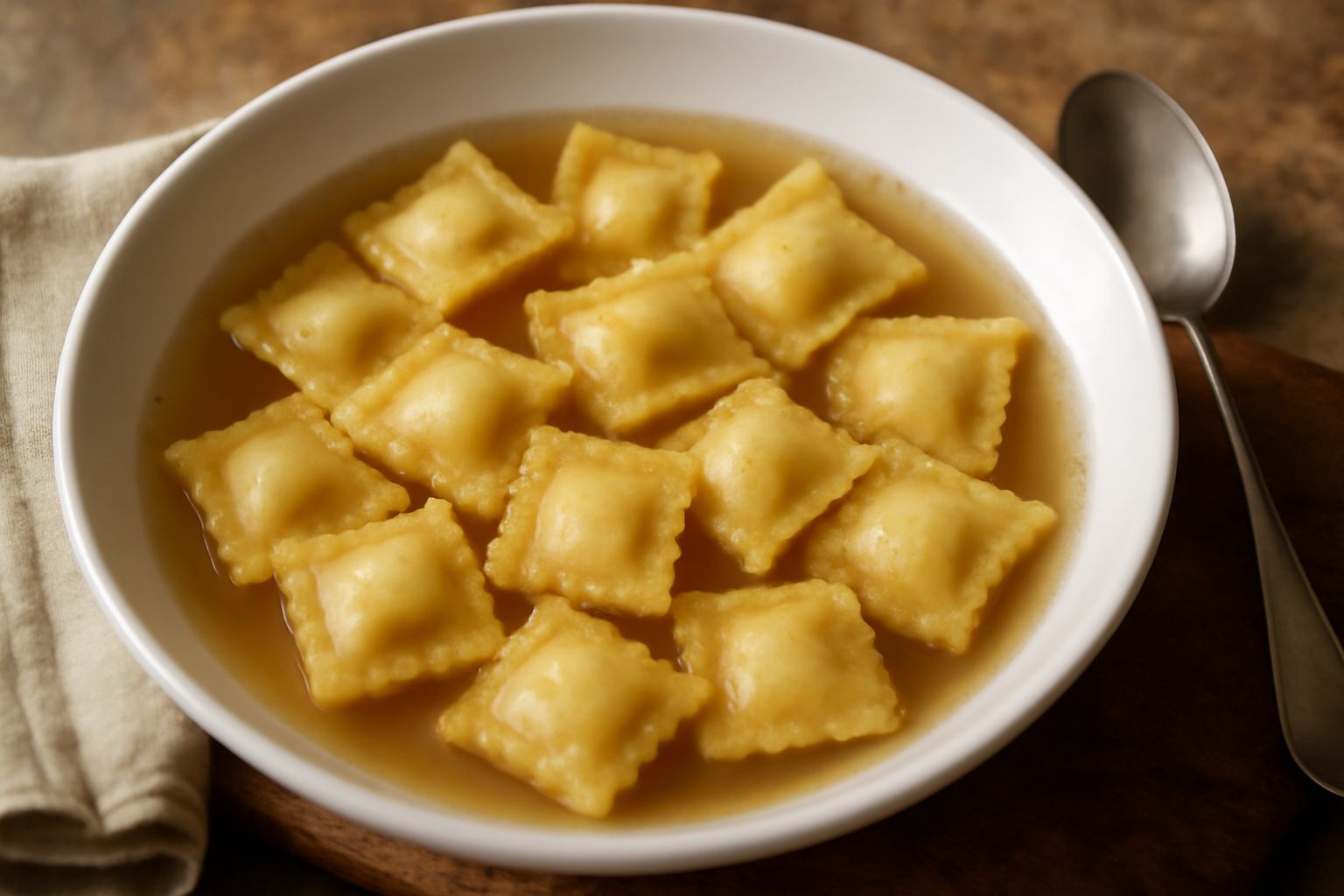Quattro marubini quadrati in un piatto di ceramica bianca con brodo ristretto, visibili i bordi ben sigillati, parmigiano grattugiato sopra e prezzemolo fresco