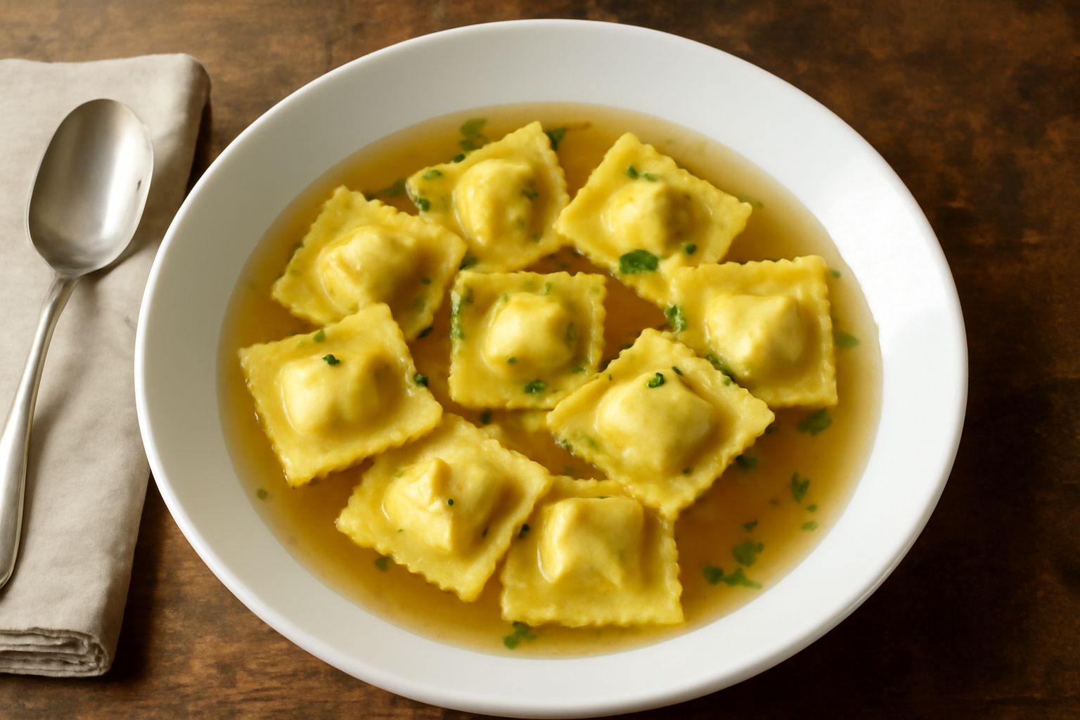 Una ciotola di ceramica con marubini quadrati ripieni in brodo trasparente, guarniti con una manciata di prezzemolo fresco tritato e una spolverata di parmigiano grattugiato