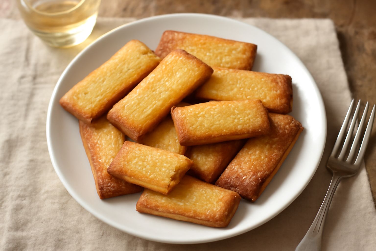 Marubinis dolci, biscotti sardi dorati e croccanti, impilati su un piatto bianco con cristalli di zucchero e briciole di pasta friabile visibili