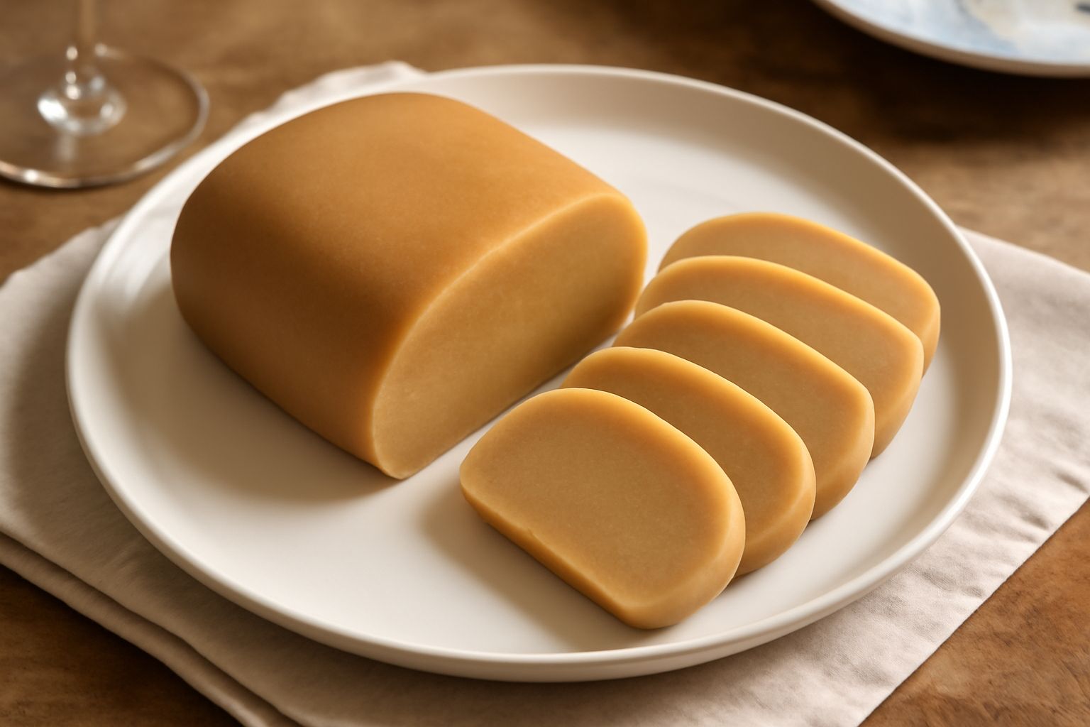 Marzapane ferrarese a forma di panetto con superficie liscia e beige chiaro, affettato per mostrare la pasta compatta e omogenea all'interno, su un tagliere di legno con mandorle intere accanto
