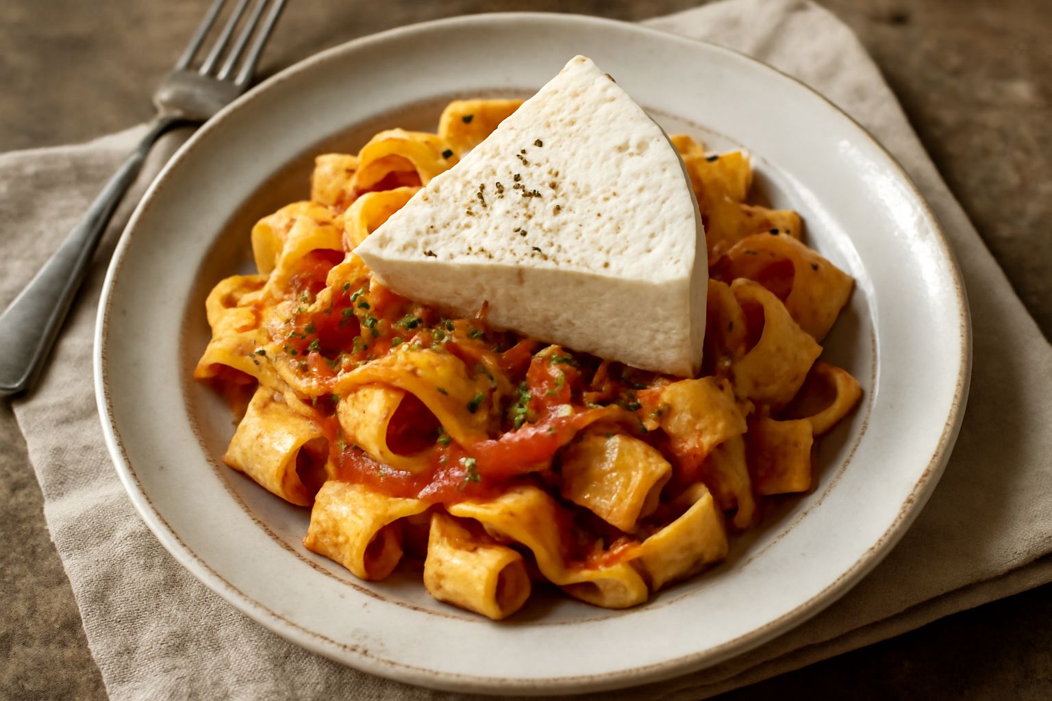 Marzolino: formaggio rotondo di colore paglierino chiaro, con crosta naturale leggermente rugosa, tagliato a spicchi mostrando la pasta compatta e occhiature piccole, su un tagliere di legno con un co