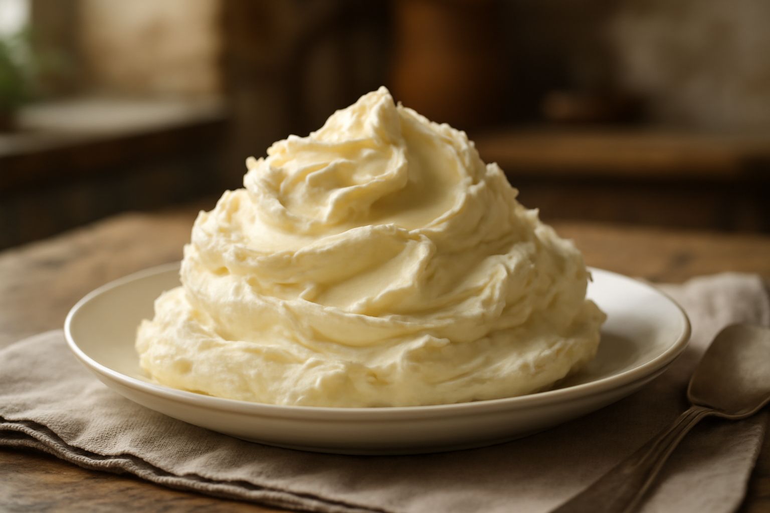 Mascarpone bianco cremoso in una ciotola di ceramica con un cucchiaio di legno su un tavolo di marmo
