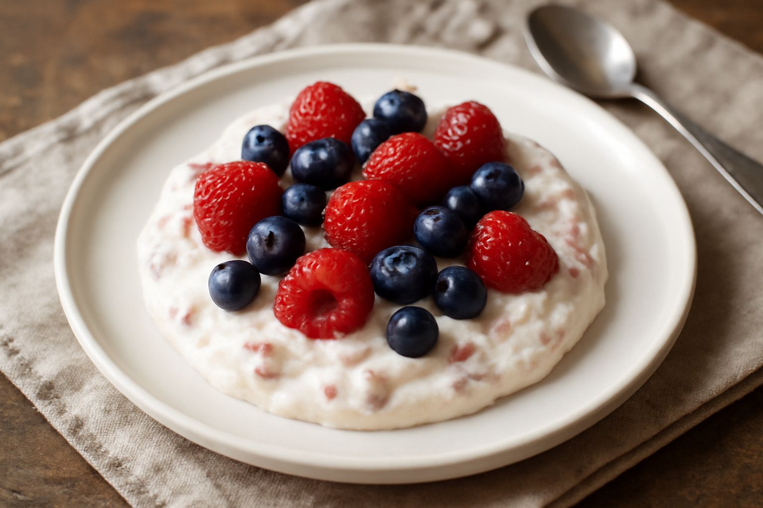 Coppetta di vetro con crema mascarpone bianca e liscia, decorata con mirtilli, fragole e lamponi rossi e blu disposti in superficie, su uno sfondo neutro di legno chiaro.
