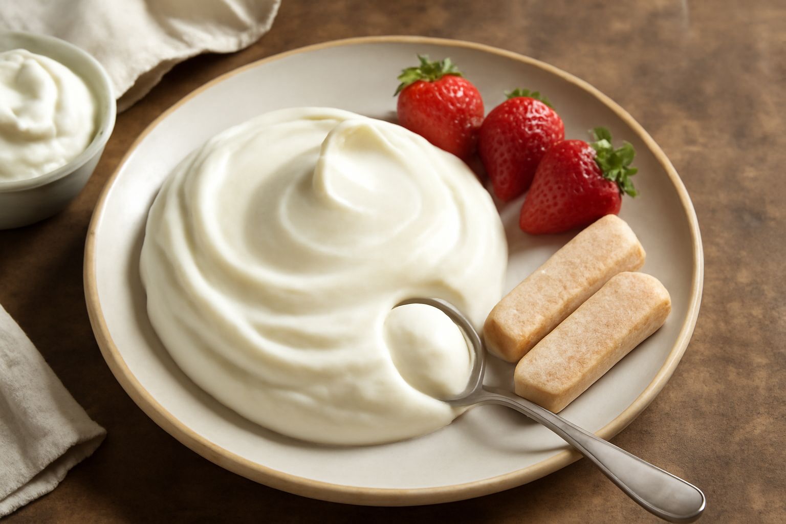 Mascarpone dolce bianco avorio in una ciotola di ceramica, con superficie liscia e vellutata, guarnito con una bacchetta di vaniglia e circondato da chicchi di zucchero di canna a cristalli grandi su 