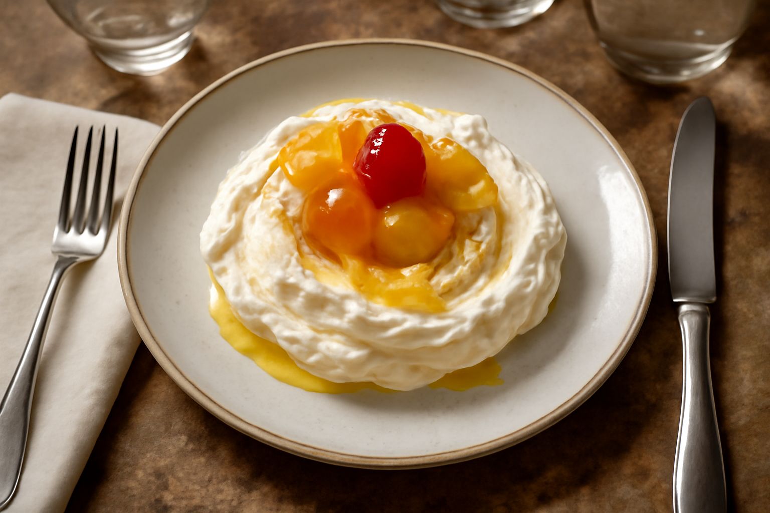 Ciotola di vetro con mascarpone bianco cremoso decorato con mostarda di frutta gialla, arancione e rossa, spolverato di pistacchio tritato finemente, su tavolo di legno chiaro