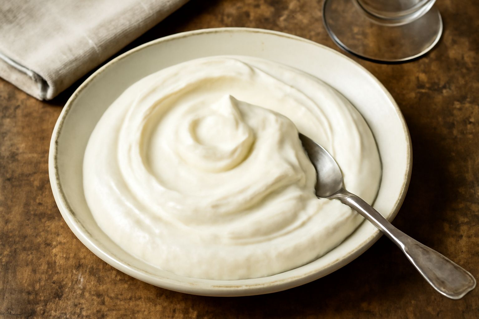 Mascarpone piemontese bianco crema in una ciotola di vetro trasparente, con cucchiaio di legno, su superficie di legno chiaro con panna fresca accanto