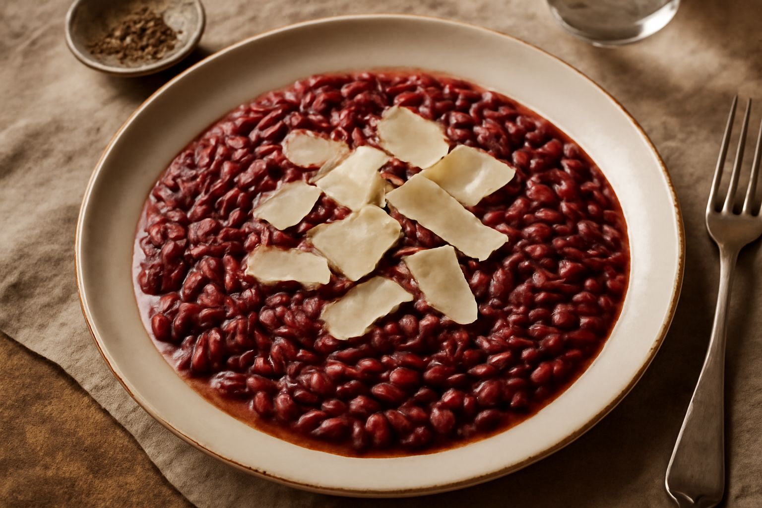 Risotto cremoso di colore bordò scuro, servito in ciotola bianca con scaglie di Parmigiano reggiano, cucchiaio di legno, bicchiere di Matera Primitivo rosso scuro sullo sfondo