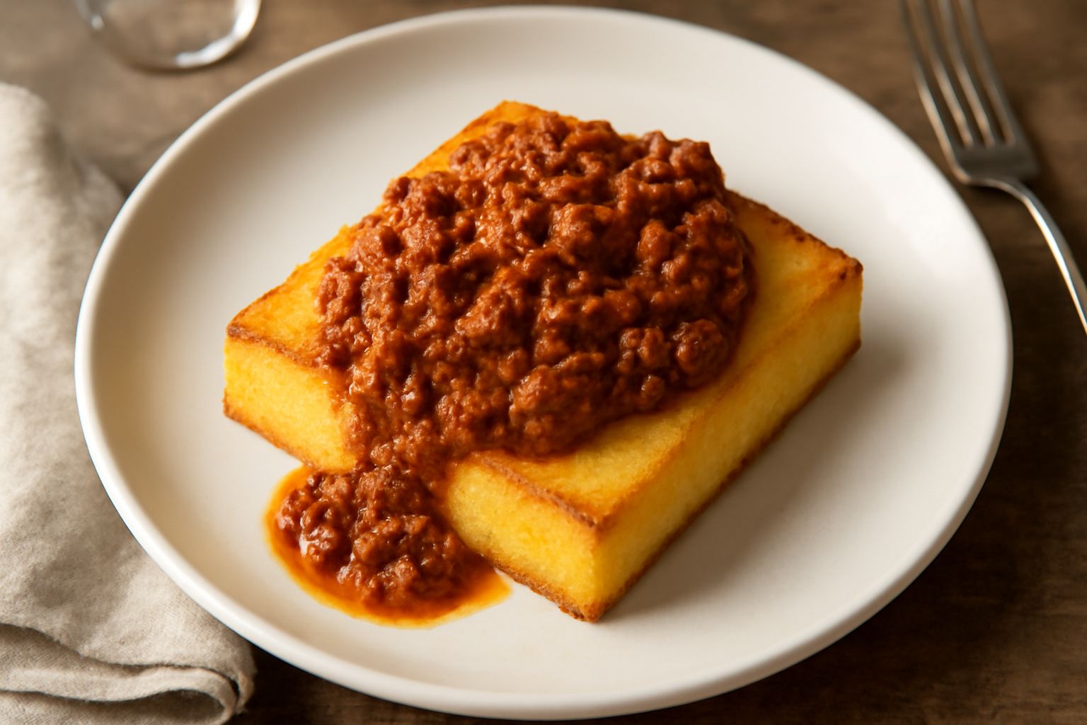 Una mattonella quadrata di polenta dorata su un piatto bianco, bordi croccanti color ocra, centro giallo cremoso, ricoperta di ragù marrone scuro e formaggio fuso bianco filante, contornata da foglie 